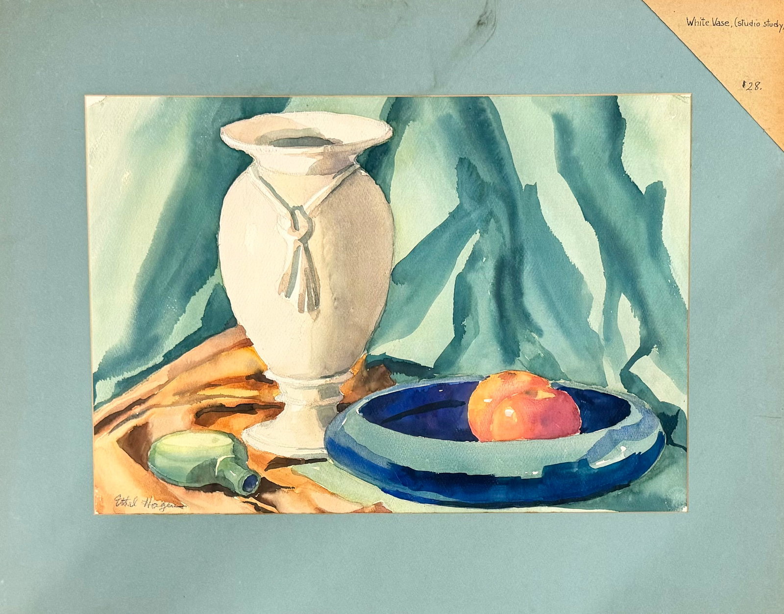 Antique American Impressionist California Watercolor Ethel Hagen Still-Life #6: Antique American Impressionist California Watercolor Ethel Hagen Still-Life #6, 15 x 22", 22 x 28" overall Ethel H. Hagen started her art education at the National Academy of Design, N.Y. and Pratt In
