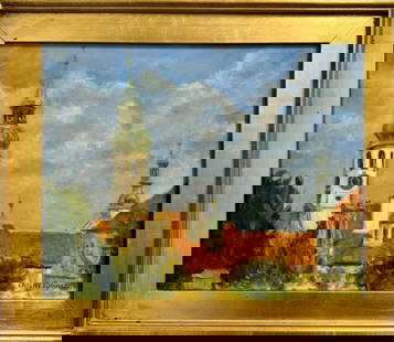 Vintage American Impressionist Oil Painting town scene signed: Vintage American Impressionist Oil Painting town scene signed, SLR, Charles Robinson, 16 x 20", 21 x 25" Overall