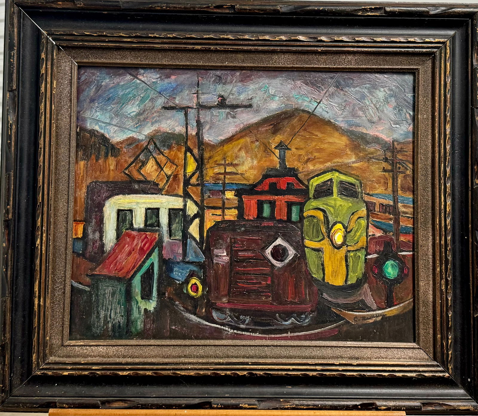 Vintage Modernist WPA Period American Scene Railroad Scene Signed Oil Painting (1 of 4)