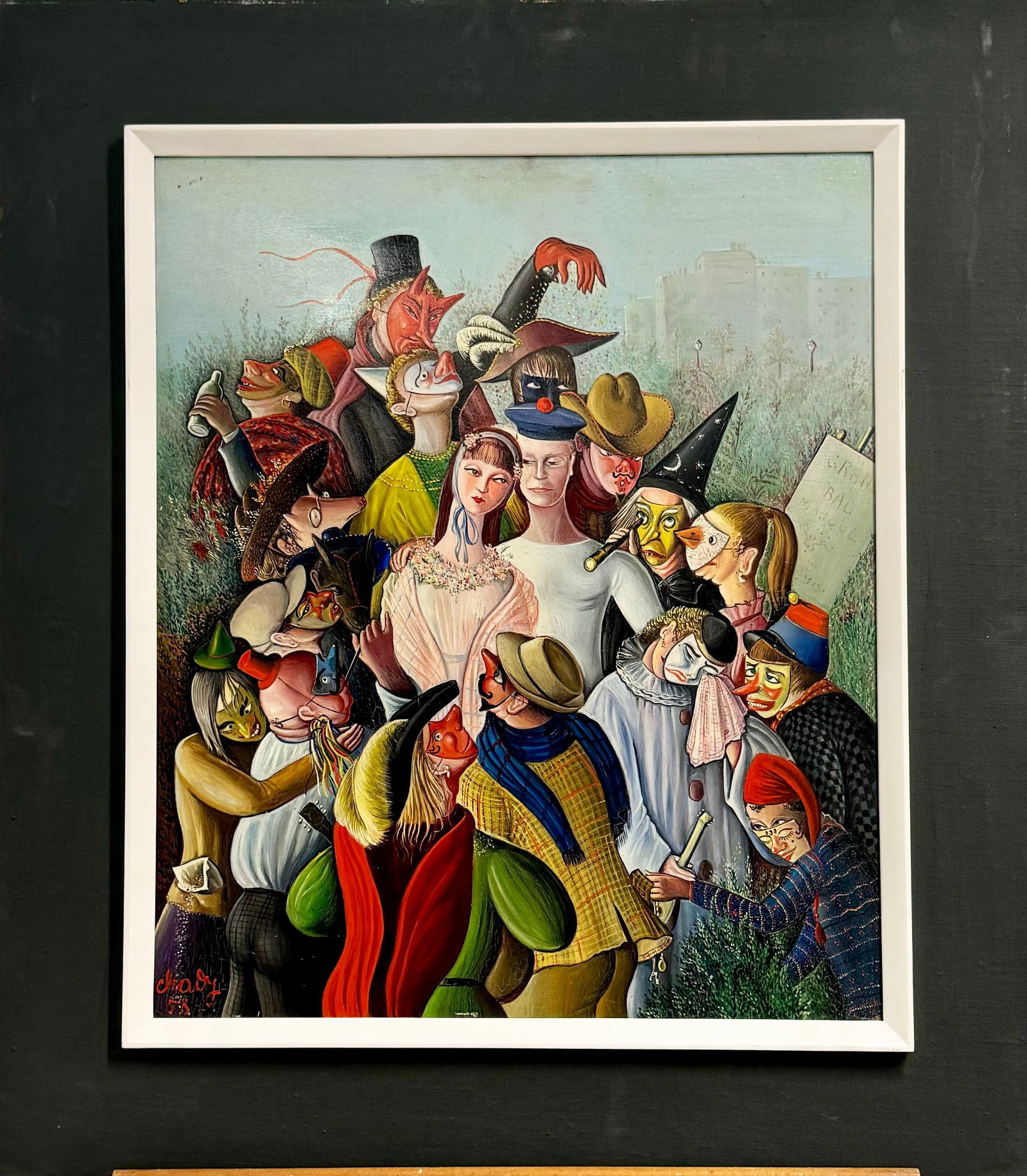 Vintage Mid Century Modern Figurative Carnival Scene Jewish Artist Shaul Ohaly Signed Oil Painting (1 of 6)
