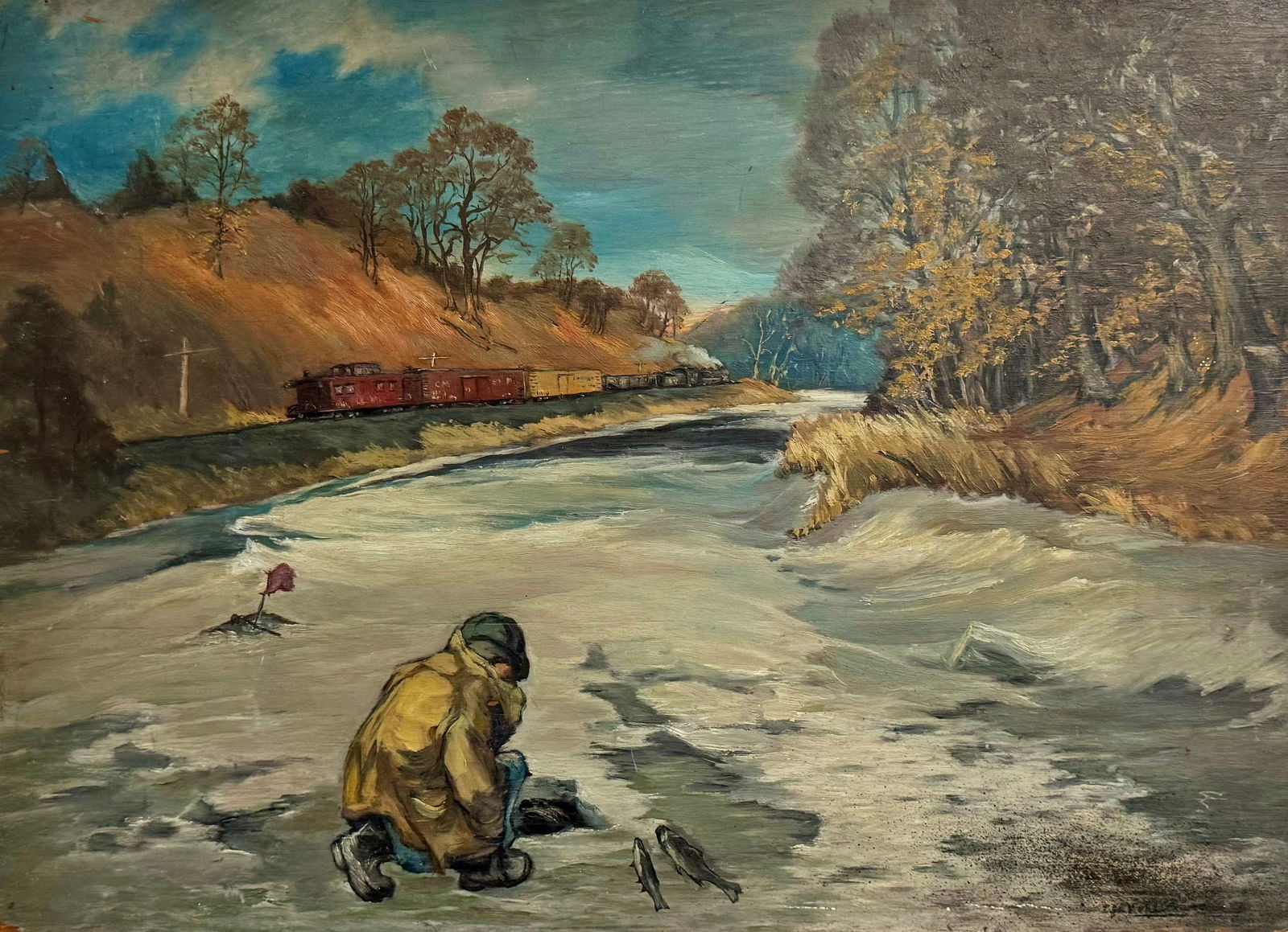 Antique American WPA American Scene Ice Fishing Train Oil Painting Signed (1 of 4)