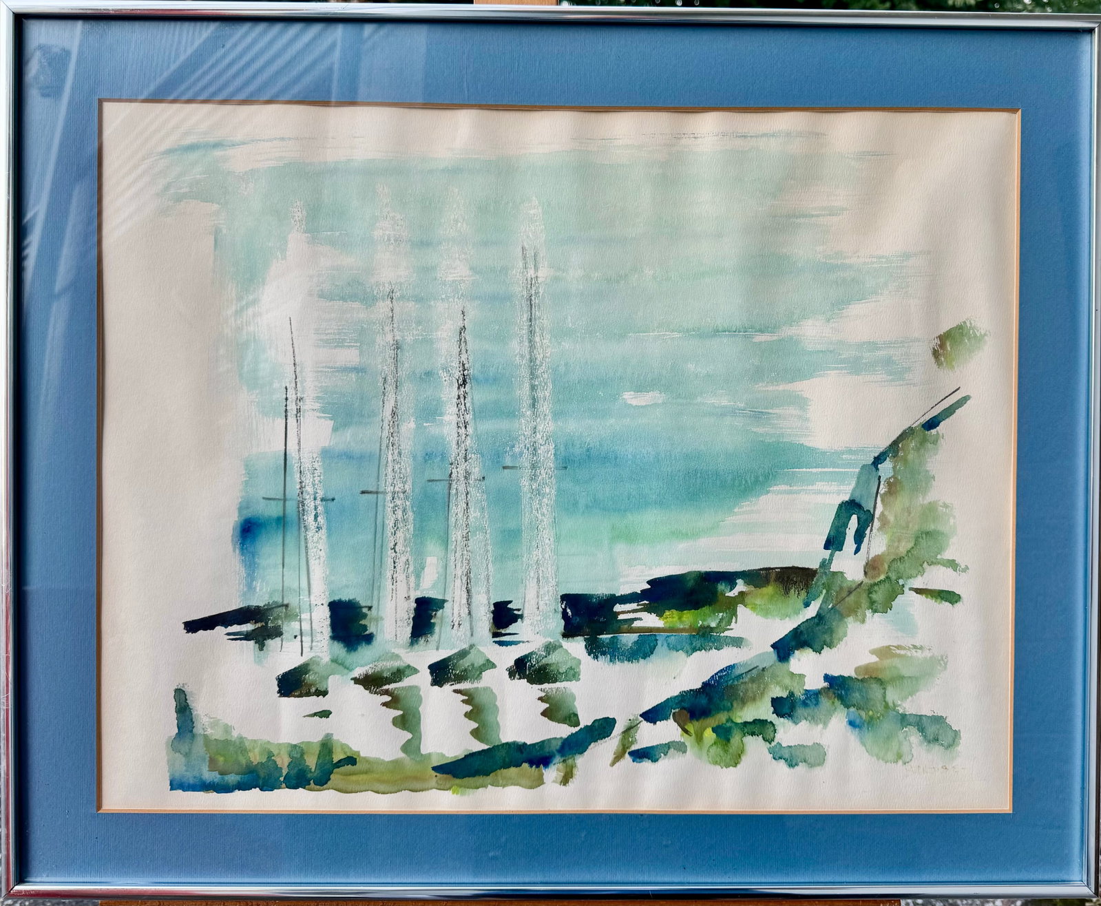 Vintage Abstract Modern Bermuda watercolor Alfred Birdsey Signed: Vintage Abstract Modern Bermuda watercolor Alfred Birdsey Signed, SLR, 17 x 22", 21 x 26" Overall Alfred Birdsey was a watercolor painter in Bermuda known for his landscapes of Hamilton, St. Georges a