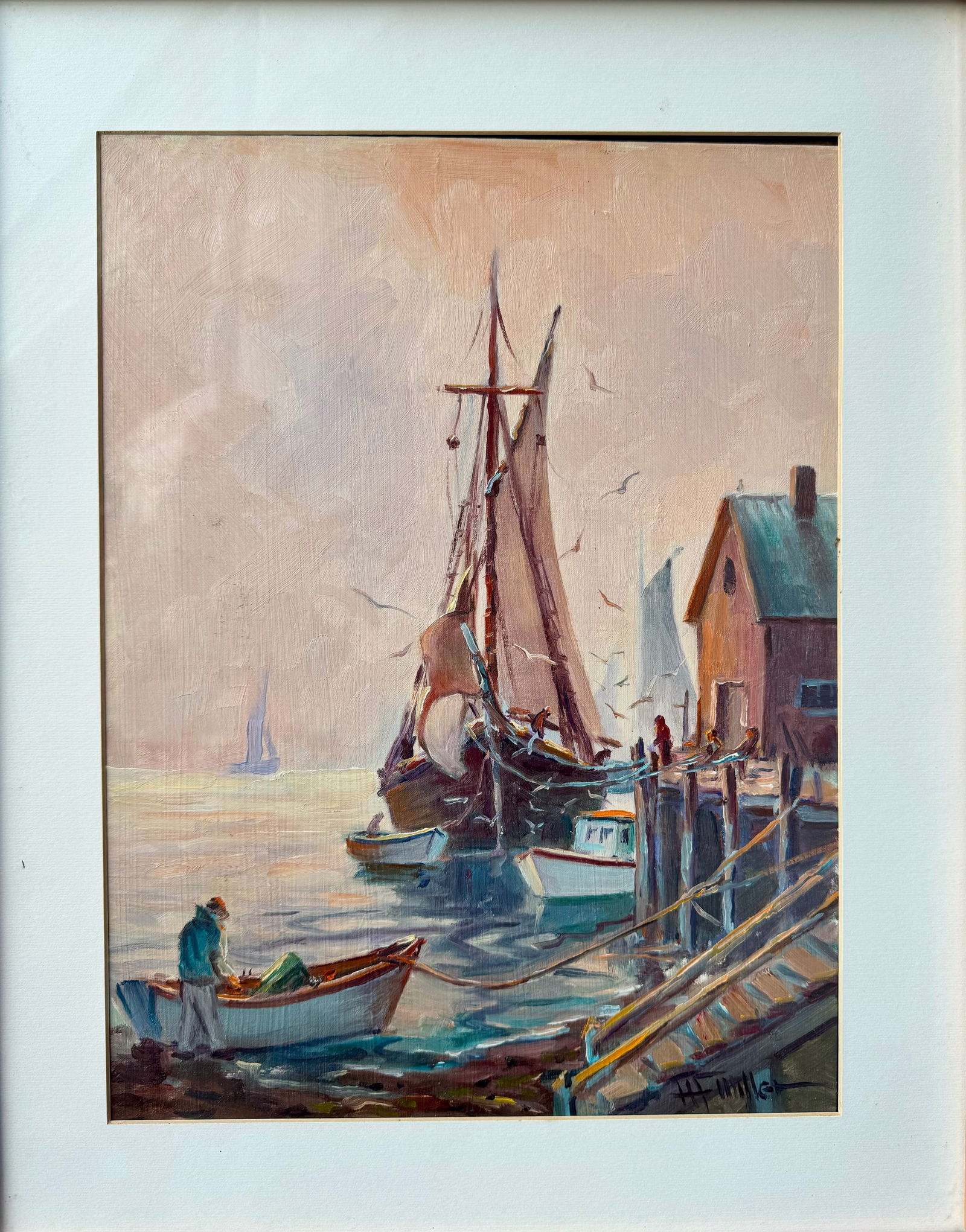 Vintage American New England harbor Scene Herman F. Miller Oil Painting Signed (1 of 3)