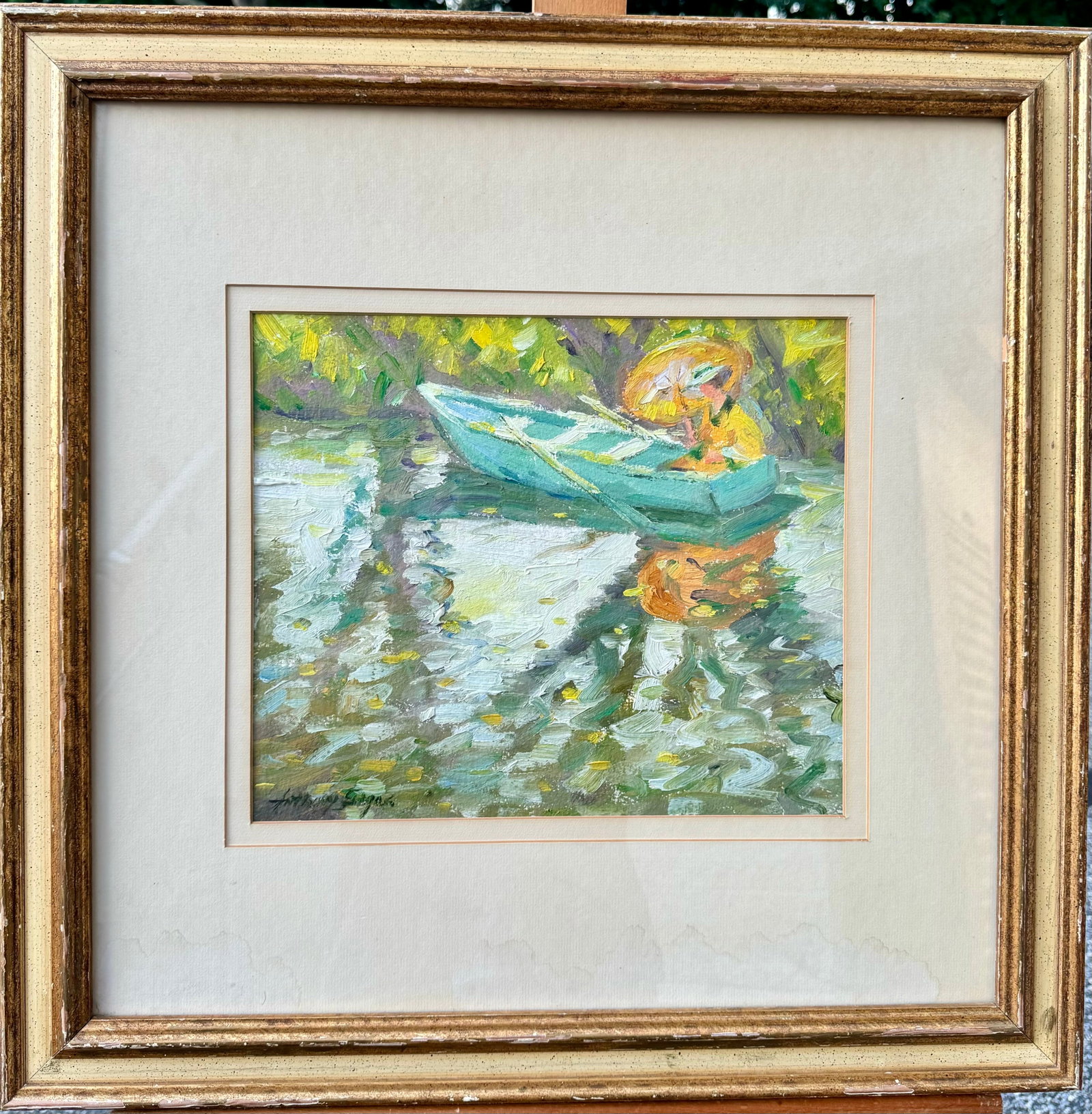 Vintage American Impressionist Oil Painting Boat Signed: Vintage American Impressionist Oil Painting Boat Signed, SLL, Oil on paper, 11 x 13", 24 x 24" Overall