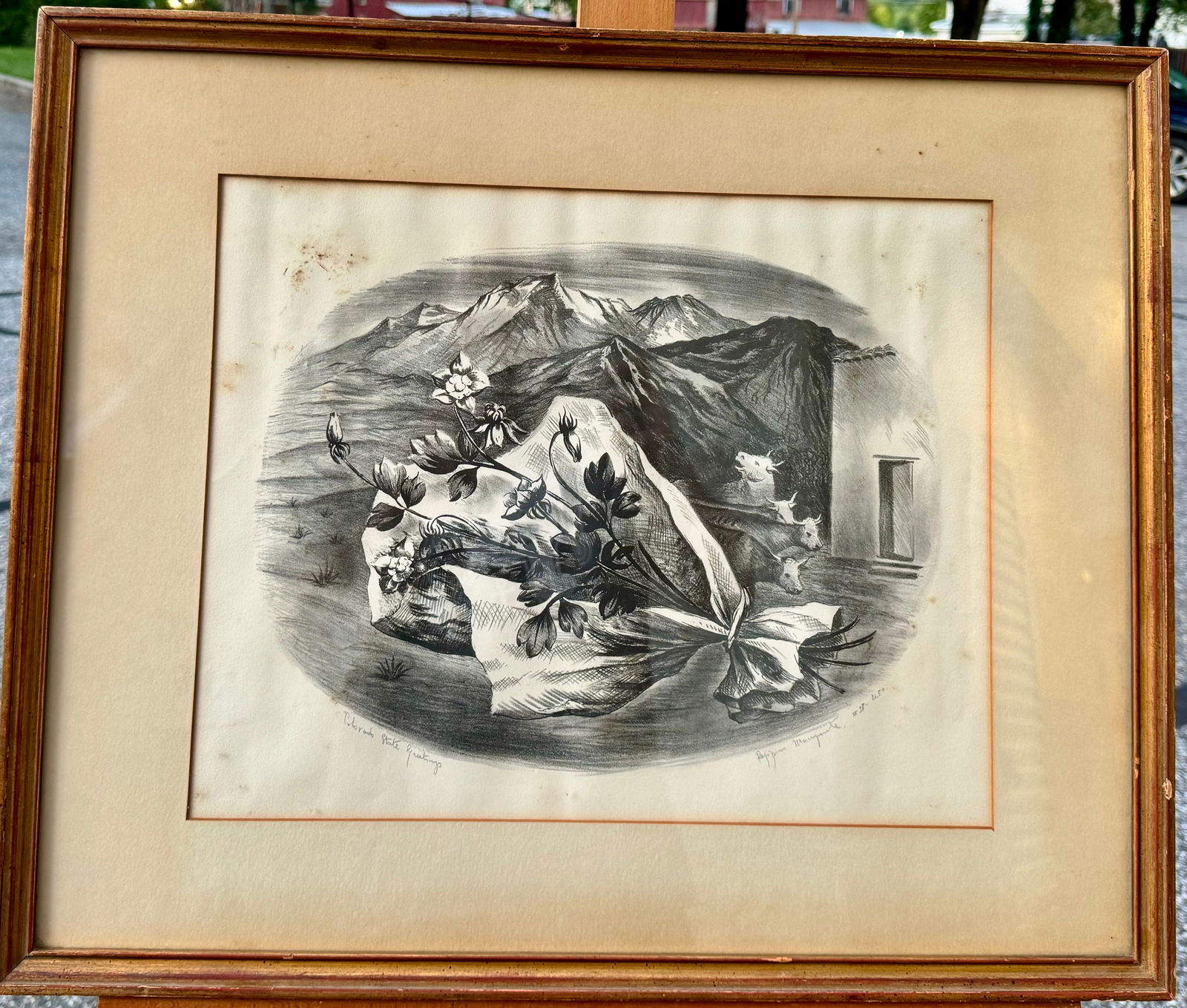 Vintage American Modernist Colorado Lithograph Peppino Mangravite Signed: Vintage American Modernist Colorado Lithograph Peppino Mangravite Signed, 28/50, "Colorado State Greetings", 13 x 16", 19 x 23" Overall