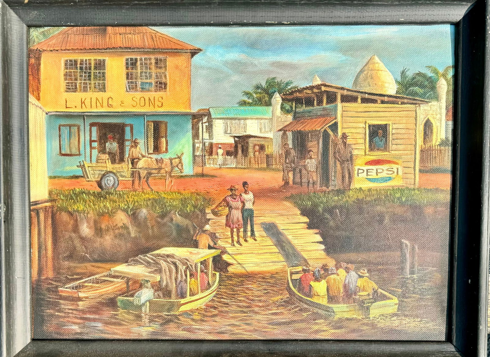 Vintage African American Harbor Scene Oil Painting (1 of 5)