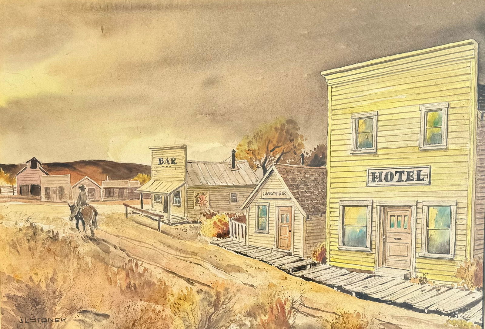 Vintage WPA American Western Watercolor California John Lawrence Stoner Signed, SLL, Cowboy riding (1 of 2)