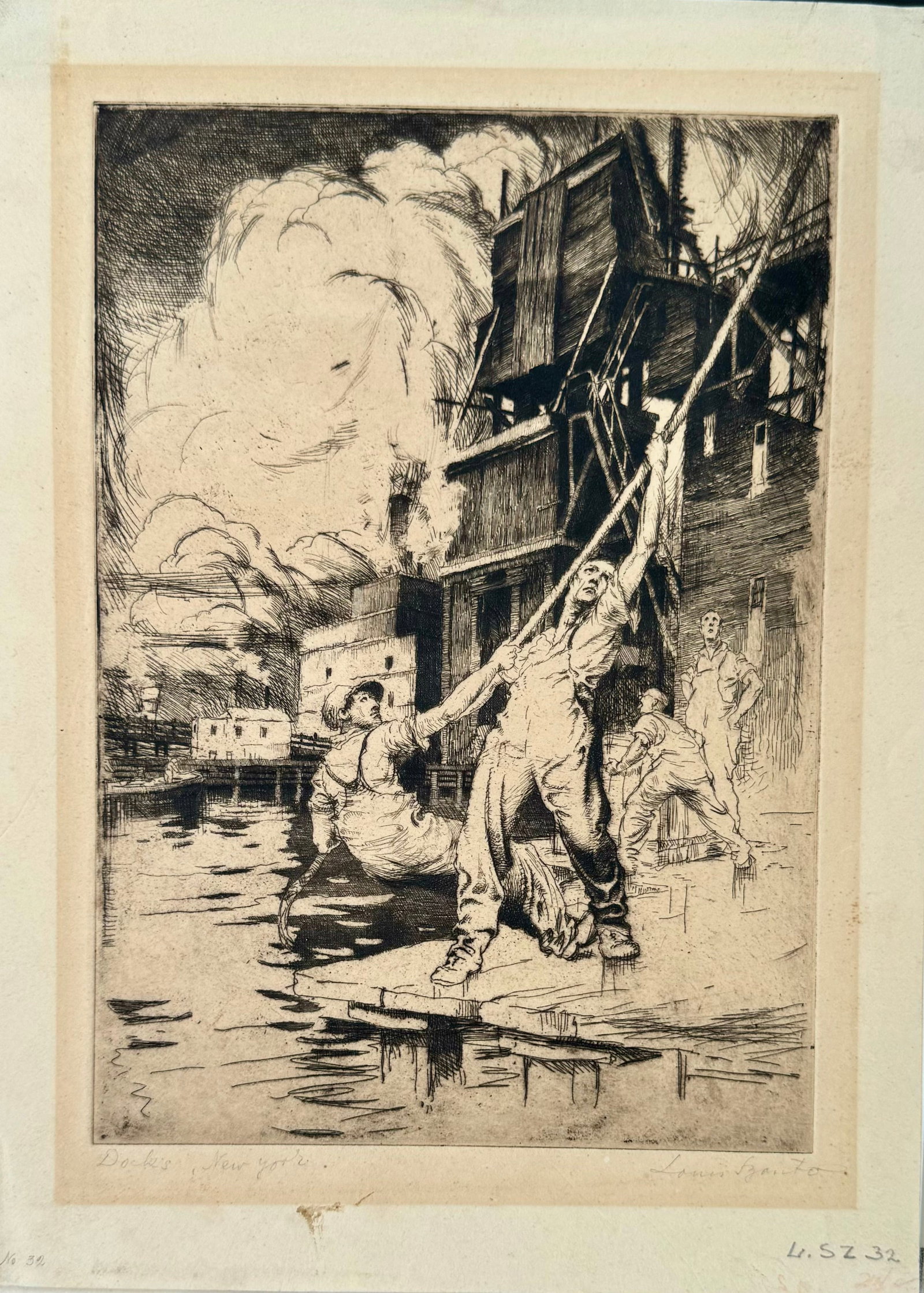 Vintage American WPA New York Dock Scene Etching Signed (1 of 4)