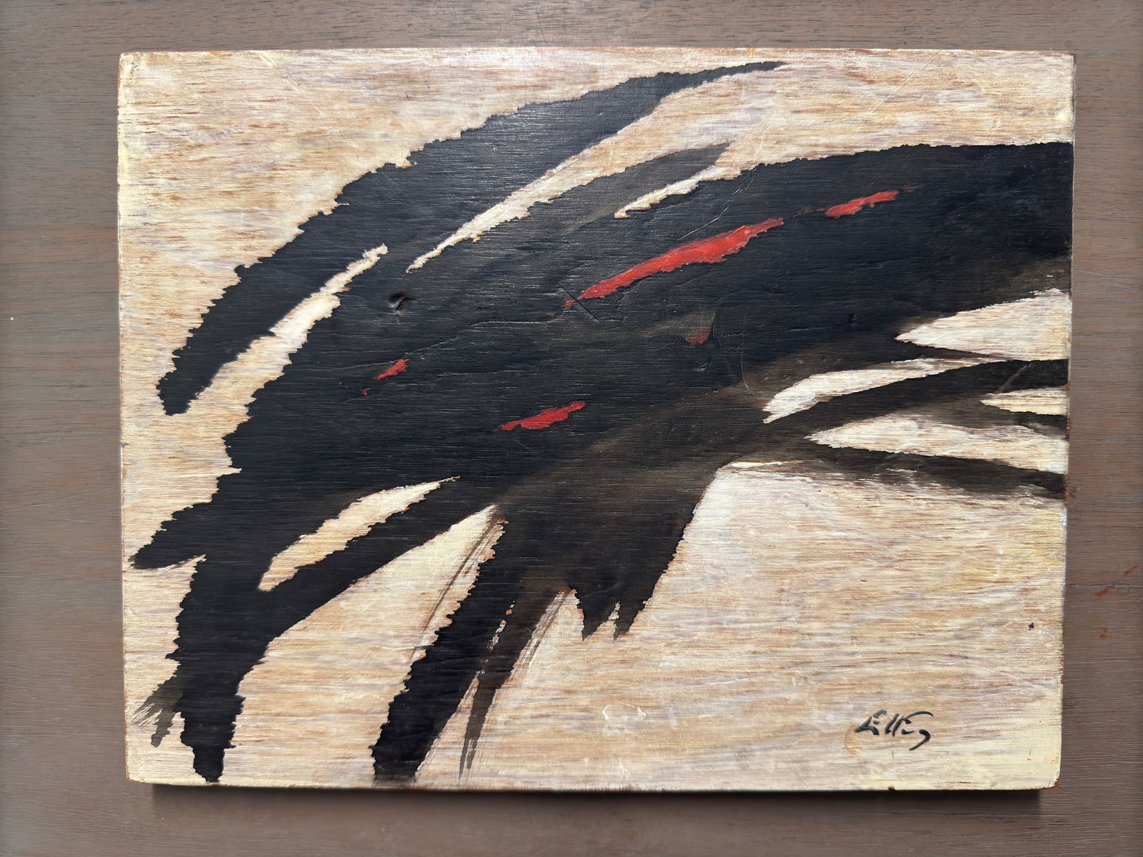 Vintage American Mid Century Modern Abstract Philadelphia Artist Emlen Etting Oil Painting Signed: Vintage American Mid Century Modern Abstract Philadelphia Artist Emlen Etting Oil Painting Signed, Oil on wood panel attached to larger panel; Abstract titled "Disturbance", SLR, Dated 1962 on verso,