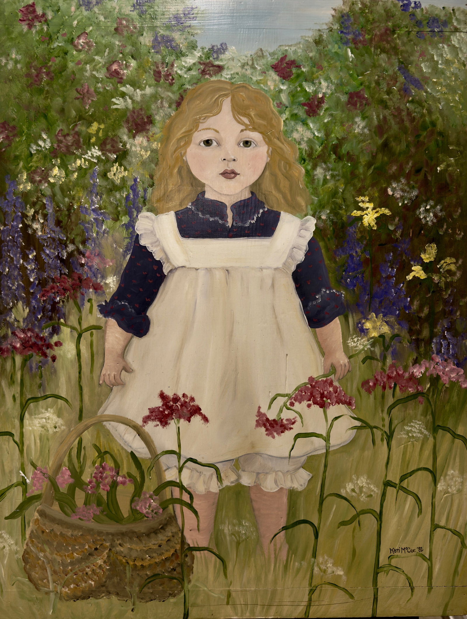 Vintage American Folk Art Cape Cod Artist Karri Somerville McCue Allrich Oil Painting: Vintage American Folk Art Cape Cod Artist Karri Somerville McCue Allrich Oil Painting, Modernist Vintage Oil on wood panel, picture of Young girl in a flower field signed , 30 x 23"