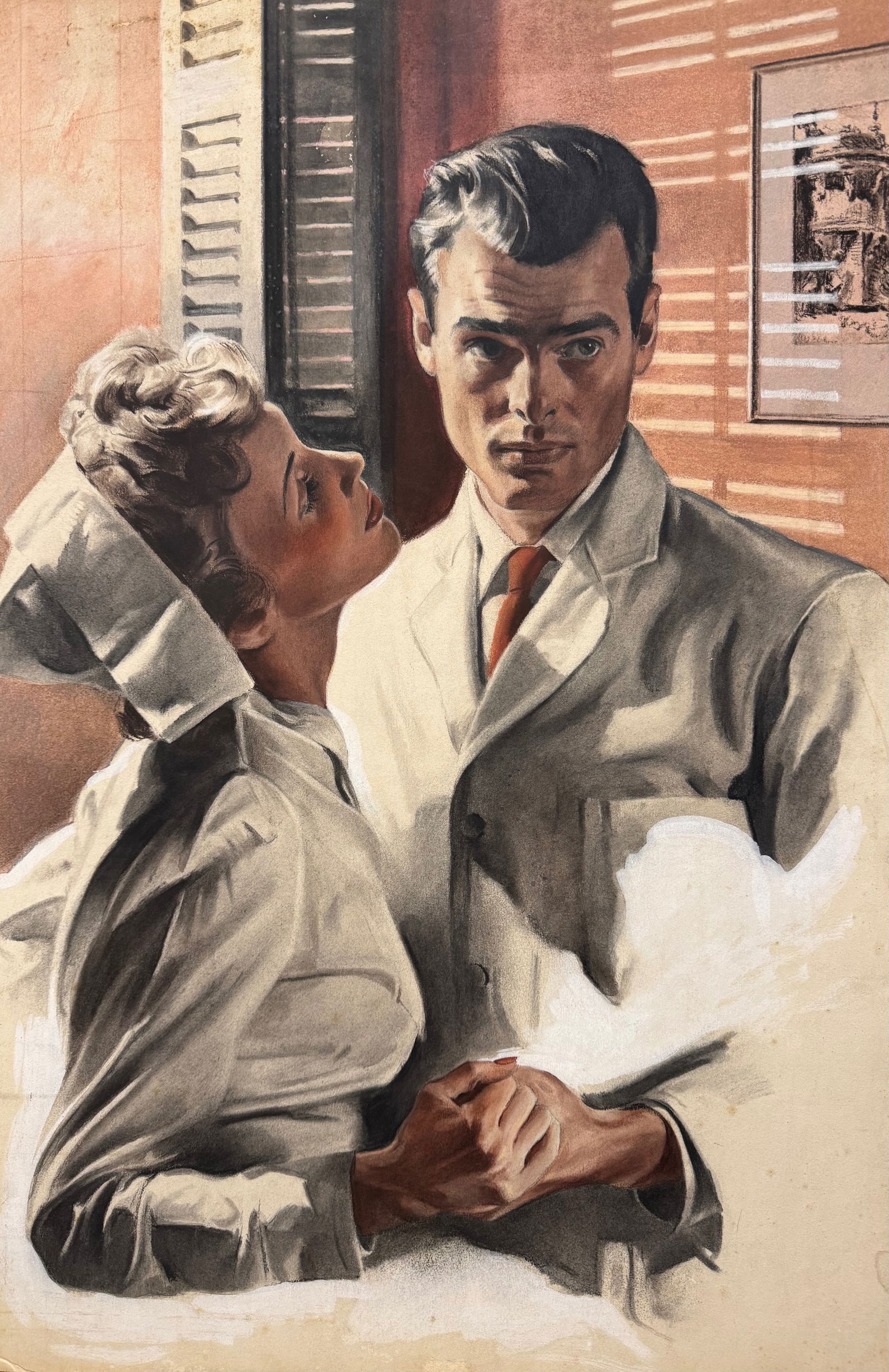 Original Illustration for the Saturday Evening Post 1943 by John Henry Crosman: Illustration for Saturday Evening Post, entitled "Death in the Doll's House", title of story "Leading Ladies", Feb 27, 1943, page 32, caption "I love so and yet this war. Would you be willing to marry