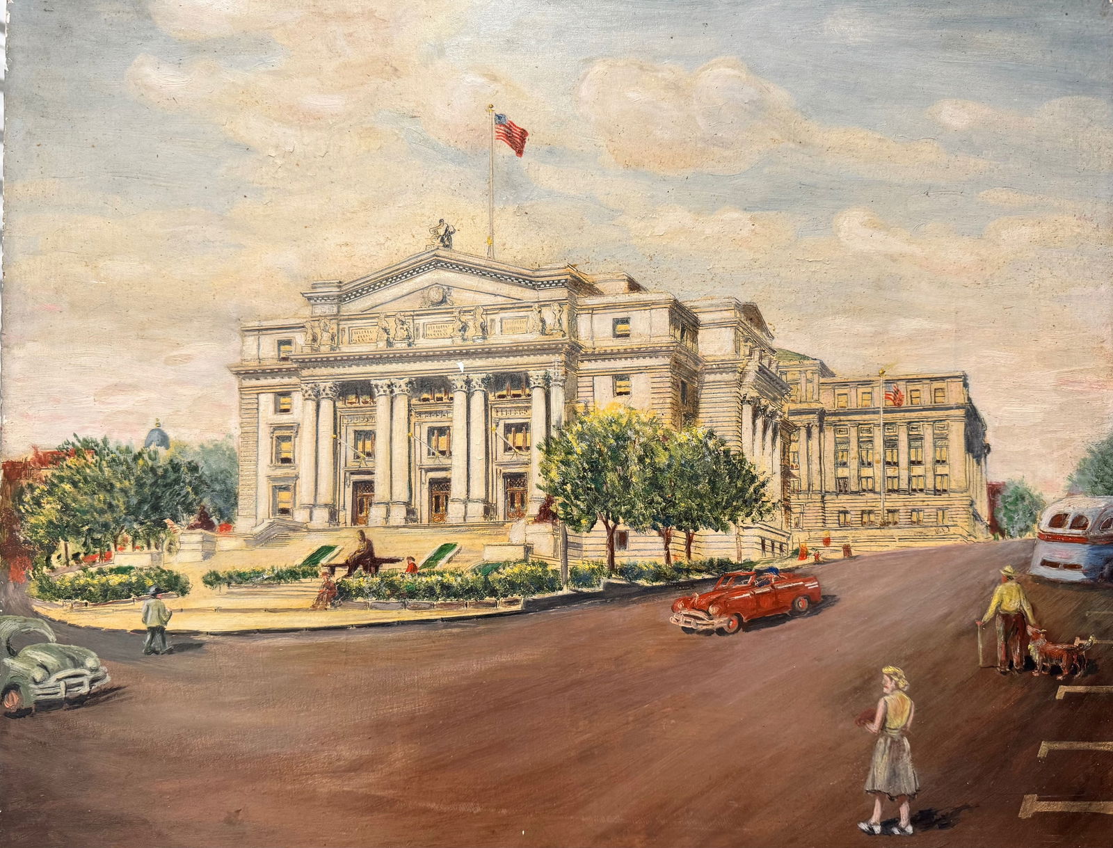 WPA Era Oil painting Newark New Jersey Courthouse: WPA Era Oil painting Newark New Jersey Courthouse, oil on masonite, Signature not apparent, 16 x 20"