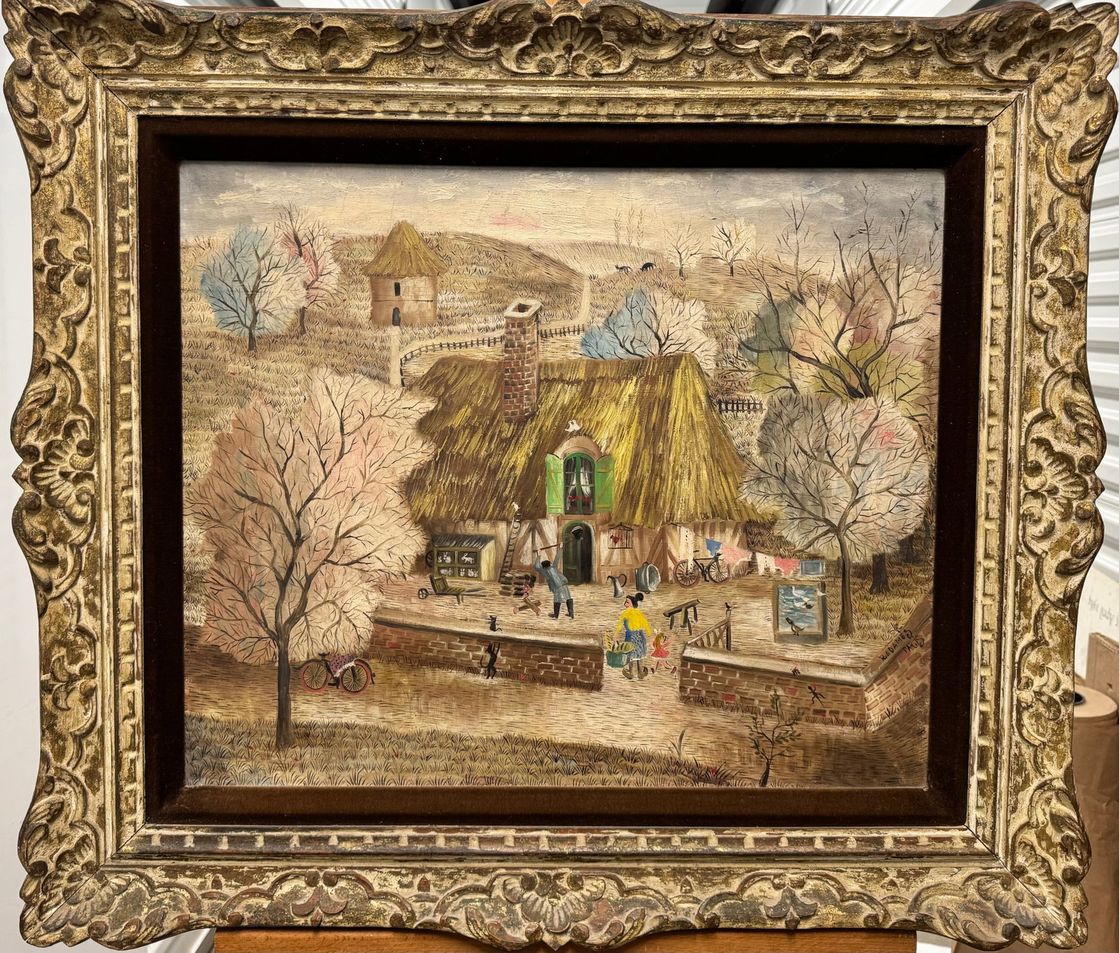 Antique French Naive Folk Art Oil Painting Signed Radames: Antique French Naive Folk Art Oil Painting Signed Radames, O/C, SLR by Radames, Paris, 18 x 22", 26 x 29" overall