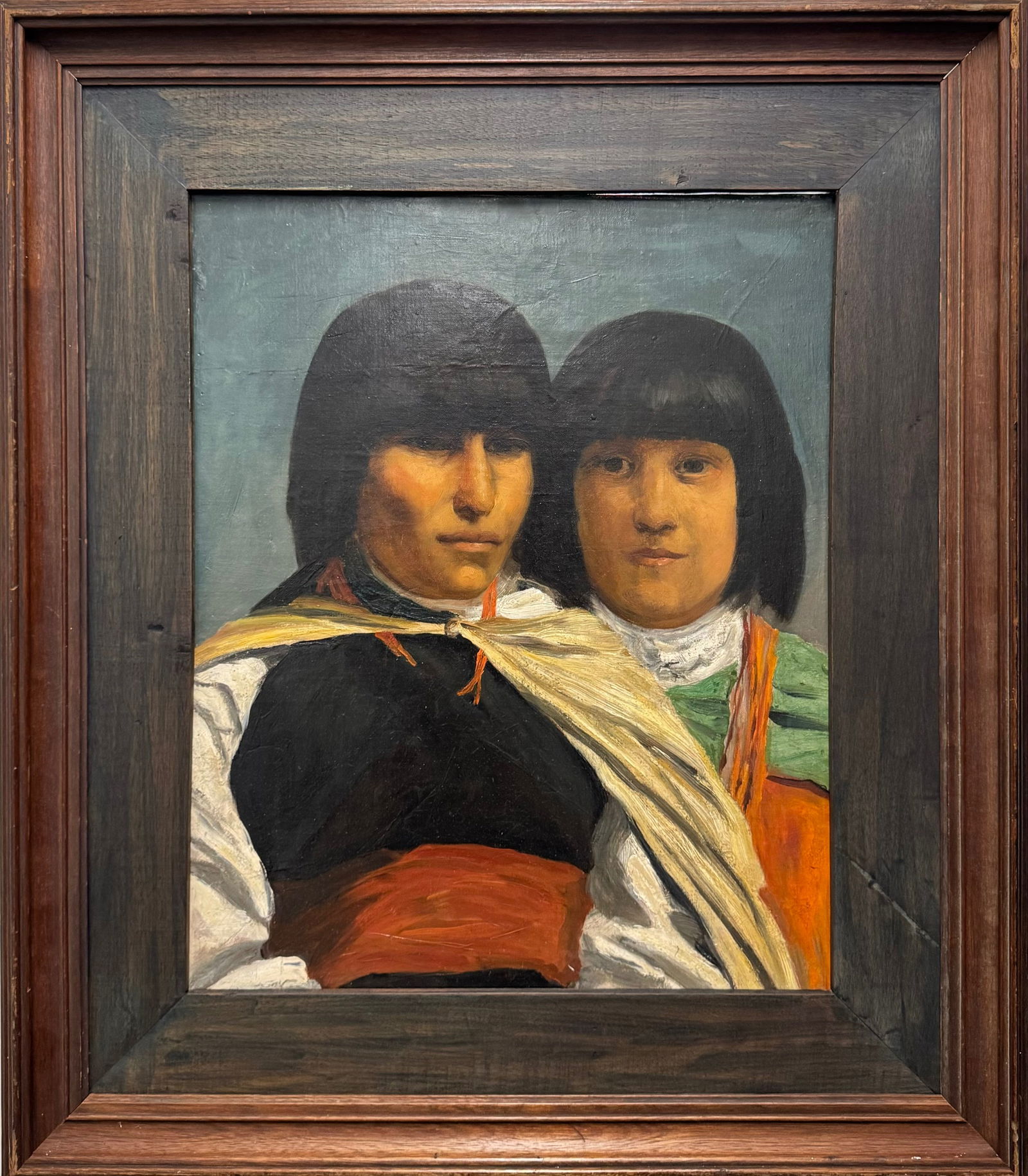 Antique 19th Century American oil painting of 2 Native American Woman: Antique 19th Century American oil painting of 2 Native American Woman, O/C, 21 x 18", 31 x 27" overall