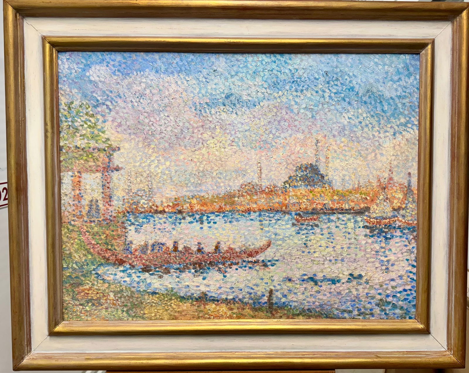 Important Antique Early 20th Century French Pointalist Neo-Impressionist Oil Painting: Important Early 20th Century French Pointalist Neo-Impressionist Oil Painting, O/C, in the style of Paul Signac or Henri-Edmond Cross, 23 x 32", 31 x 39" overall. Remnants of a signature lower left.Po