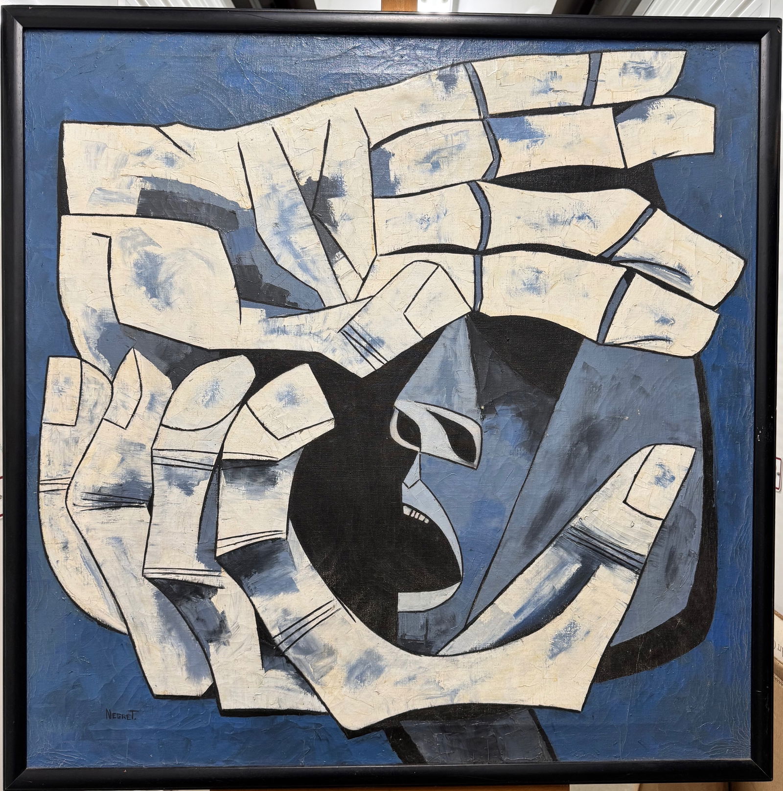 Vintage Mid-Century Modern Oil Columbian Artist Edgar Negret Signed: Vintage Mid-Century Modern Oil Columbian Artist Edgar Negret Signed Oil painting in the style of Guayasmin, SLR, 39 x 39", 41 x 41" overallÉdgar Negret Dueñas (October 11, 1920 – October 11, 2012[