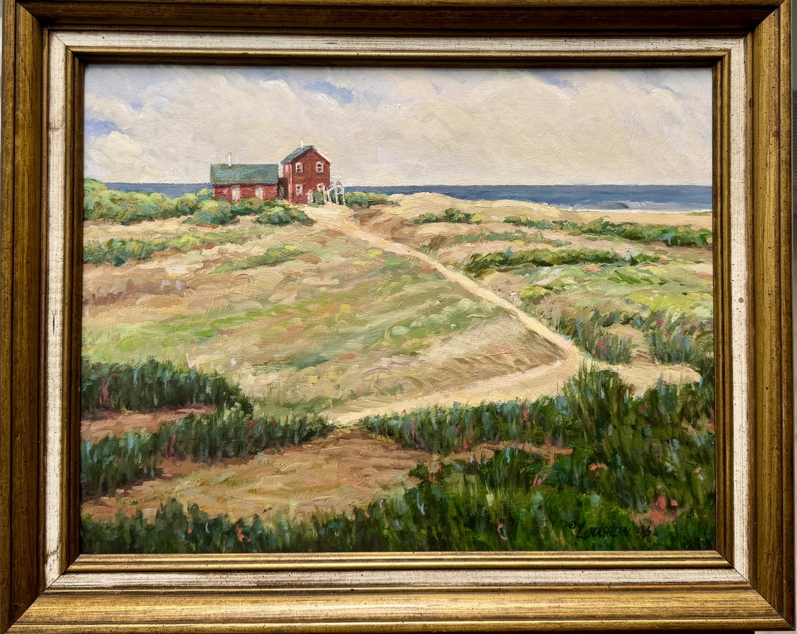 Vintage American Impressionist North Truro Massachusetts Oil Painting Signed John Laughlin: Vintage American Impressionist North Truro Massachusetts Oil Painting Signed,John Laughlin. SLR, 1993, oil on Masonite. 14 x 18”, 17 x 21” overall.There is a paper label on back in ink it 