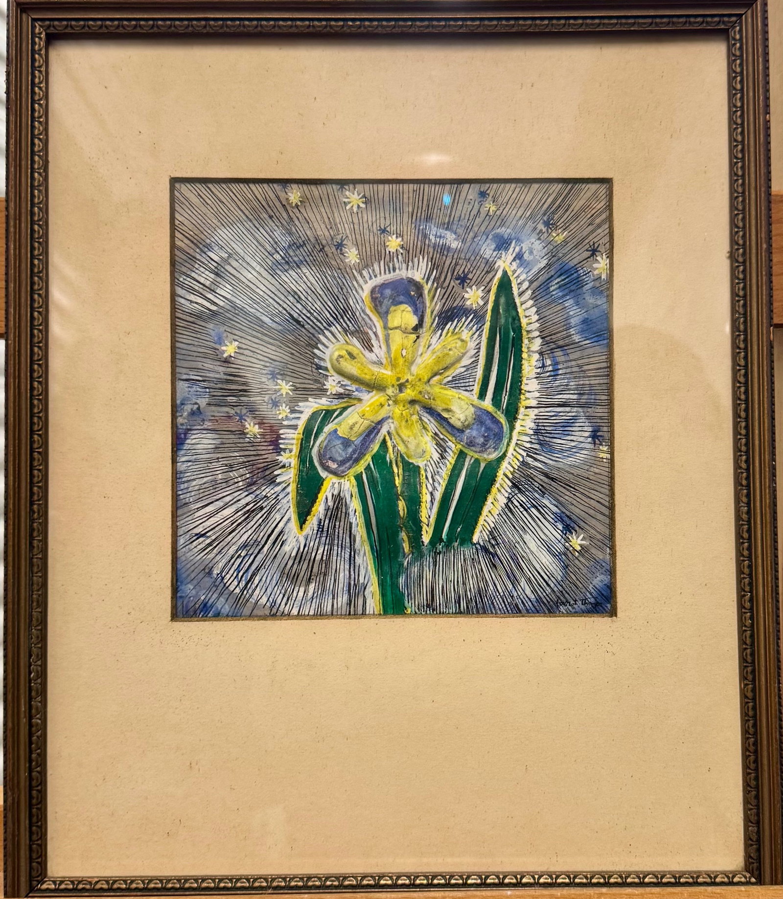 Early Vintage American Modernist Fire Island Gay Artist Signed Forrest Thayer: Early Vintage American Modernist Fire Island Gay Artist Signed, mixed media, Signed Forrest Thayer, 6 x 6”, 12 x 10” overall. Forrest Jr. graduated from Pierson High school in 1933 and wen