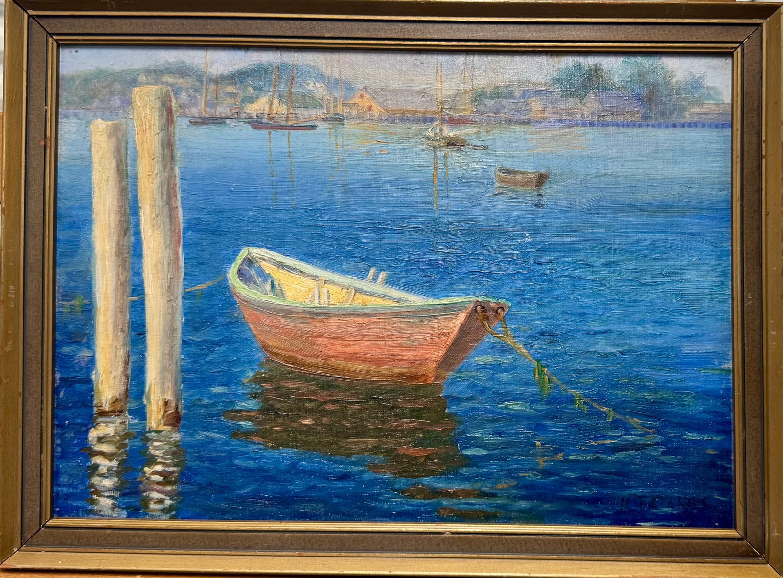 Antique American Female Impressionist Gloucester Massachusetts Scene Oil Painting SIgned: Antique American Female Impressionist Gloucester Massachusetts Scene Oil Painting SIgned Minnie F. (Cosgrove) Oakes (1861-1931), born in Westfield, New York, oil on board., 10 x 14”, 12 x 16&rdq