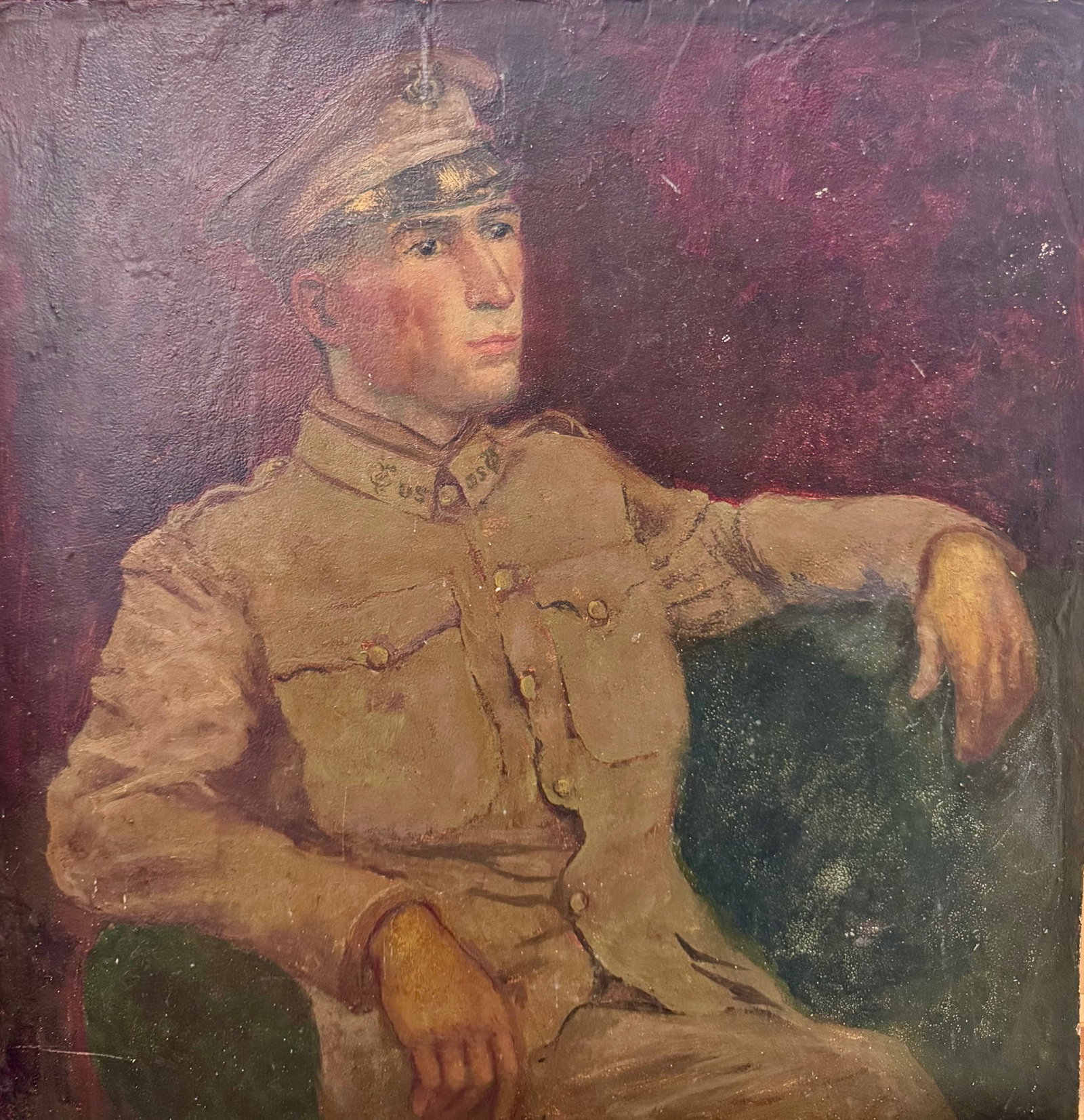 Vintage American Connecticut Illustration Oil Painting Military Warren Winfred Dahler SIgned: Vintage American Connecticut Illustration Oil Painting Military Warren Winfred Dahler, SLL World War II officer. Dated 1945, World War II. 17 x 16" Warren Winfred Dahler (1885 - 1961) was active/lived