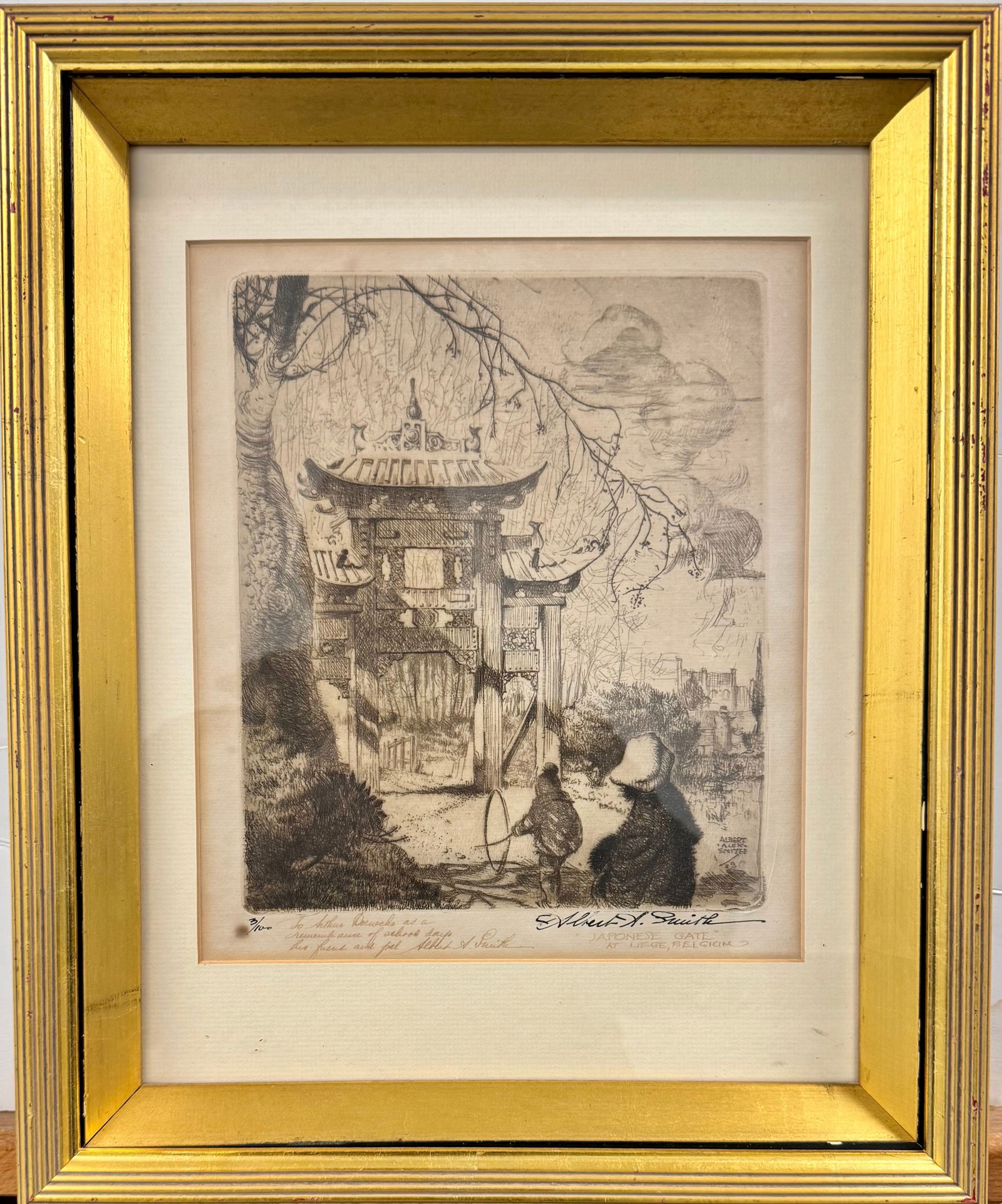Vintage African American Artist Albert Alexander Smith Etching Signed: Vintage African American Artist Albert Alexander Smith Etching Signed, 3/100.Entitled, "Japanese Gate at Liege, Belgium". 10 x 8”, 16 x 13" Overall.Albert Alexander Smith (September 17, 1896 –