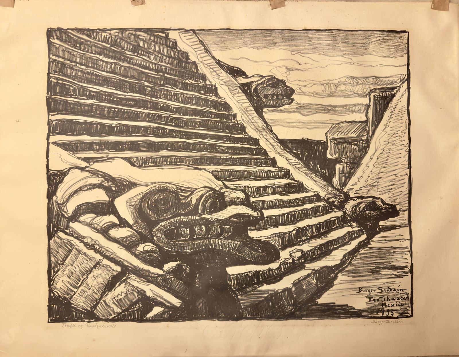 Rare Vintage American Kansas Artist Birger Sandzen Lithograph SIgned: Rare Vintage American Kansas Artist Birger Sandzen Lithograph SIgned, Entitled, Teotihuacan, Mexico, 1935. Pencil SIgned Lower RIght, and the title is Temple of Quetzalcoatl, and it's on Arches Paris