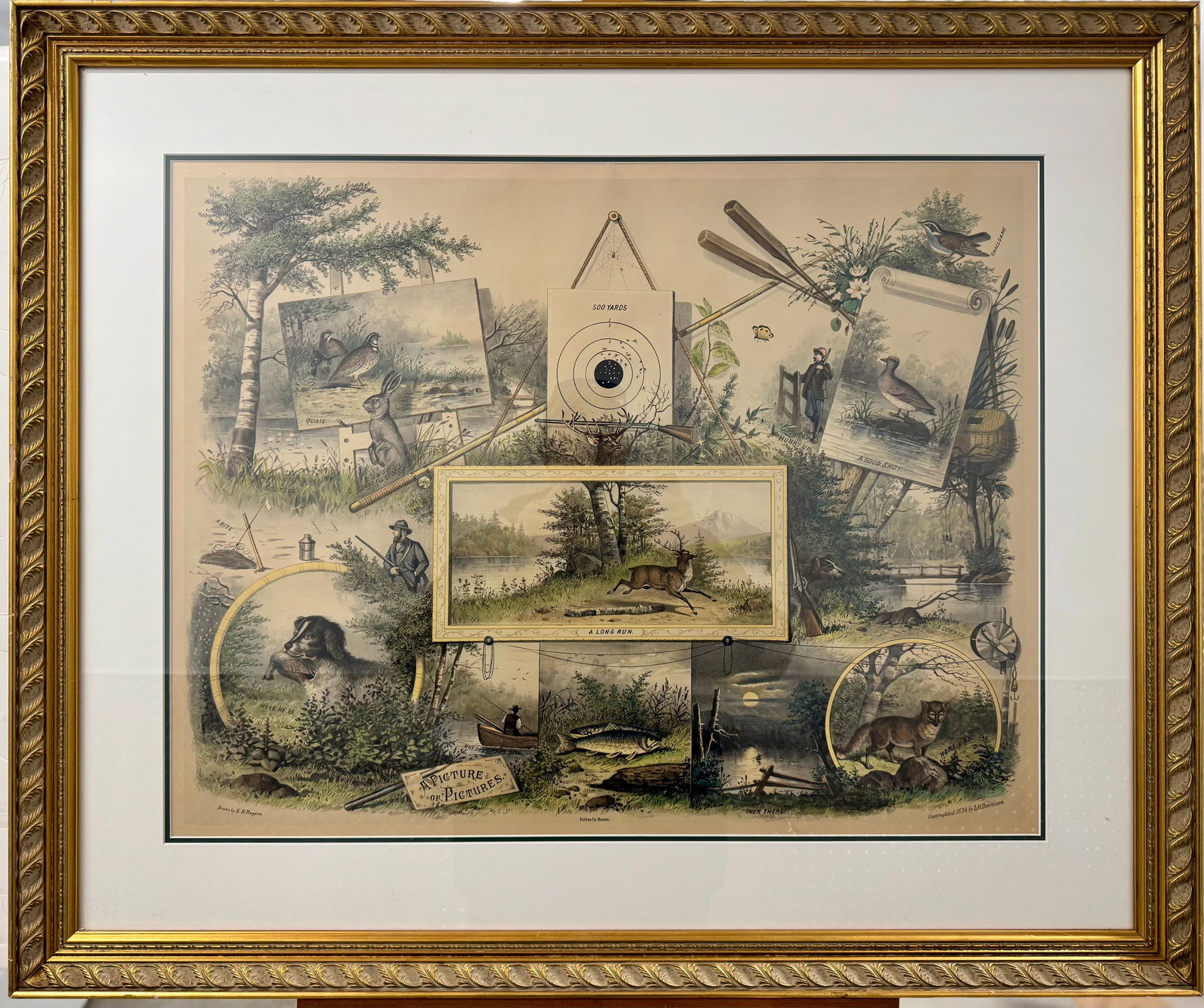 Rare Antique 19th Century American Colored Lithograph Hunting Scenes: Rare Antique 19th Century American Colored Lithograph Hunting Scenes, entitled "A Picture of Pictures", created by Forbes Company, Boston, March 6, 1884, lithography by L. O. Dennison, drawn by E. H.