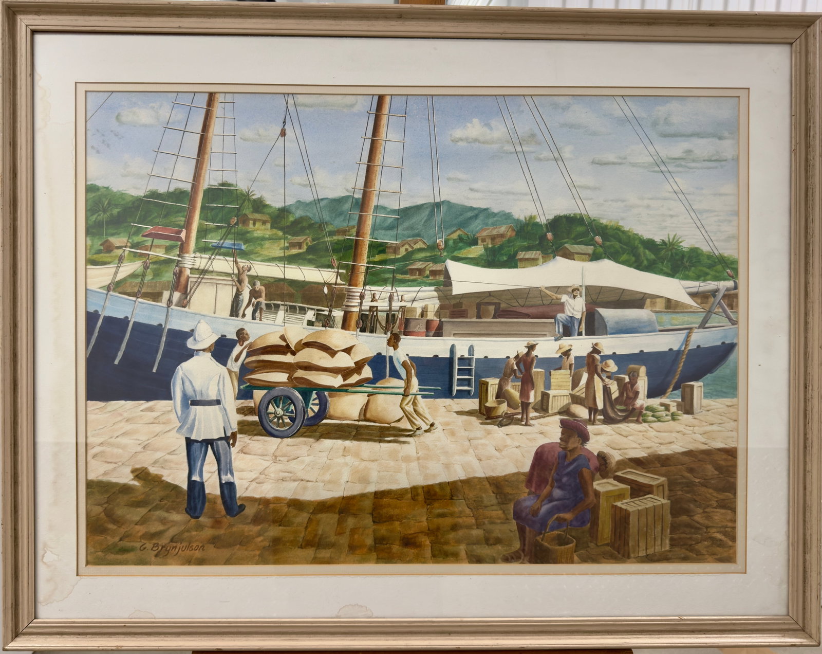 Vintage American Colorado Artist Trinidad and Tobego SIgned Jerry Brynjulson: Vintage American Colorado Artist watercolor of Trinidad and Tobego, SLL, Jerry Brynjulson. He was born in North Dakota, considered a Colorado artist, 21 x 28”, 28 x 35” Overall