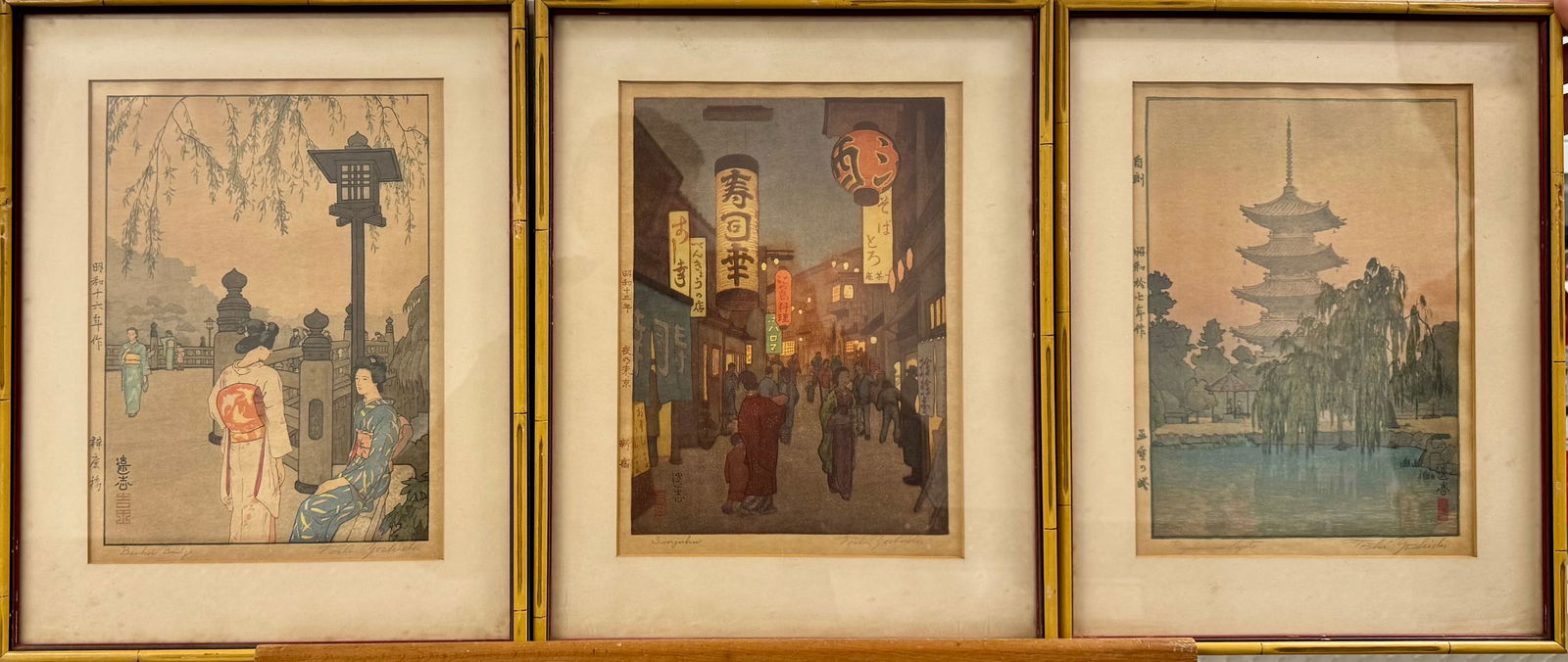 (3) Vintage Japanese Artist Colored Woodblocks Original Toshi Yoshida Signed: (3) Vintage Japanese Artist Colored Woodblocks Original Toshi Yoshida Signed, Pencil Signed Lower Right and titled lower left, 10 x 7", 14 x 11" OverallT?shi Yoshida (?? ??, Yoshida T?shi, July 25, 19