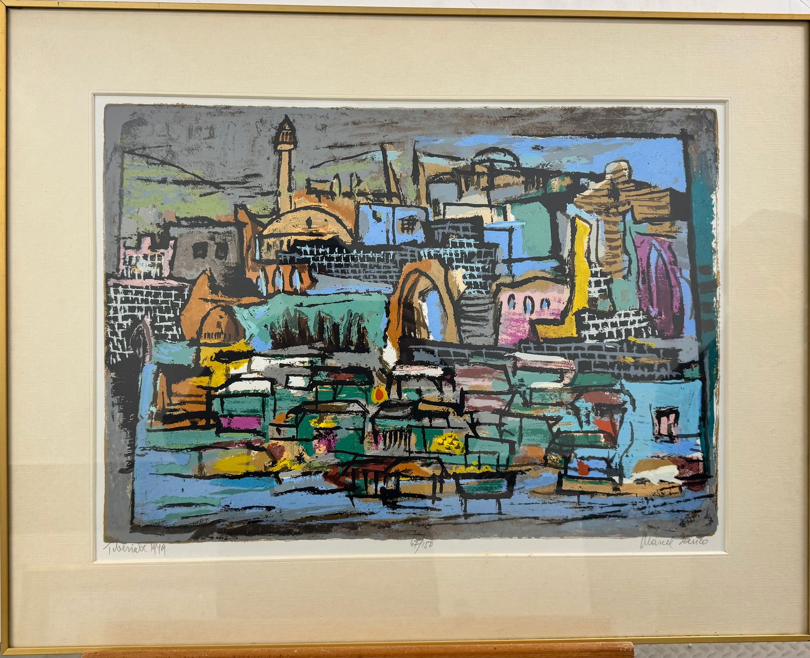 Vintage Israel Romania Modern Artist Colored Lithograph SIgned Marcel Janco: Vintage Israel Romania Modern Artist Colored Lithograph SLR, Marcel Janco, Edition 67/150, 1979. Entitled "Tiberiade", 17 x 23”, 24 x 30” OverallMarcel Janco (German: [ma??s?l ?ja?ko?], Fr