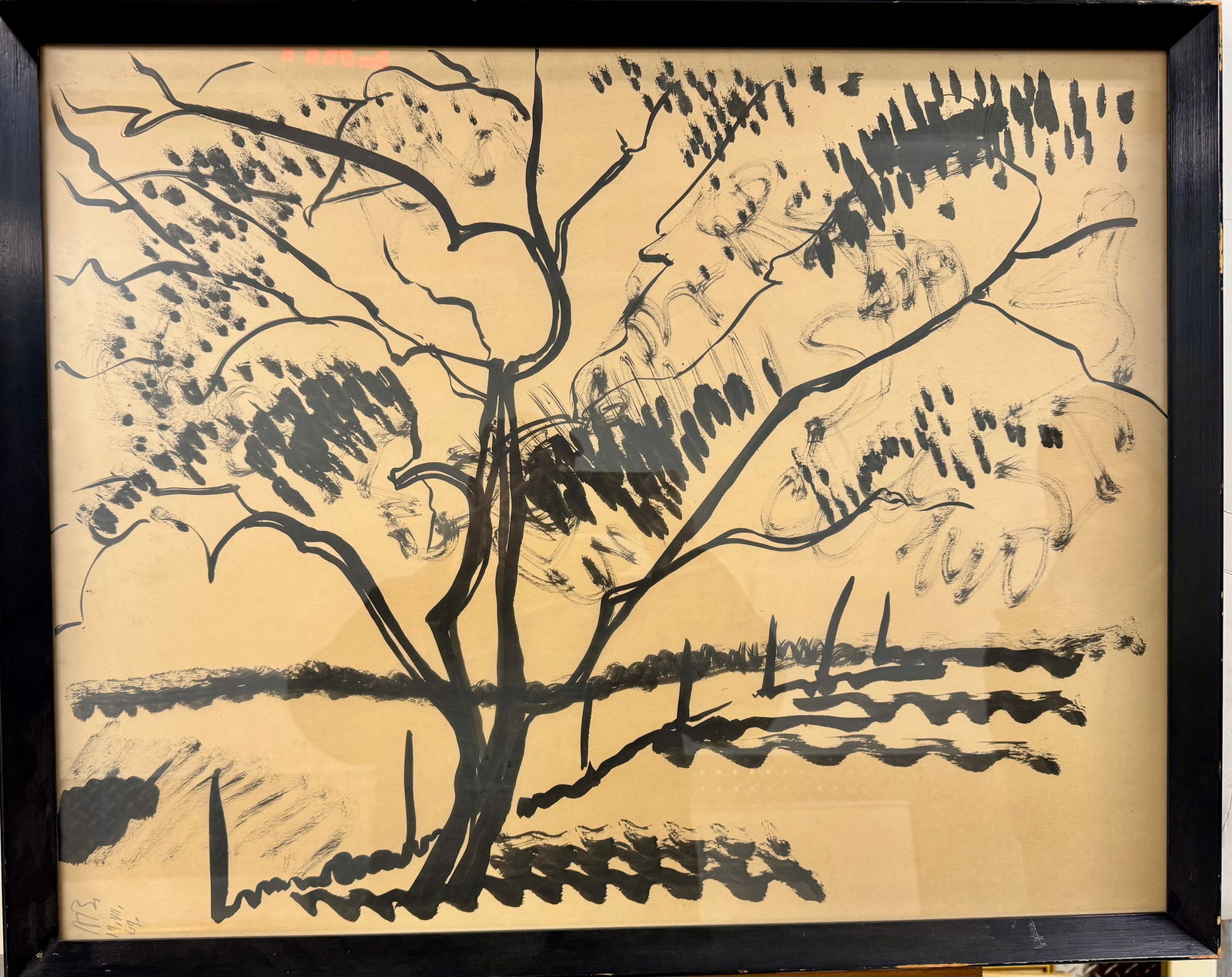 Vintage Post War German Expressionist ink drawing 1949 Signed: Vintage Post War German Expressionist ink drawing, SLL, dated July 19th, 1949”, 22 x 28”, 24 x 30” overall