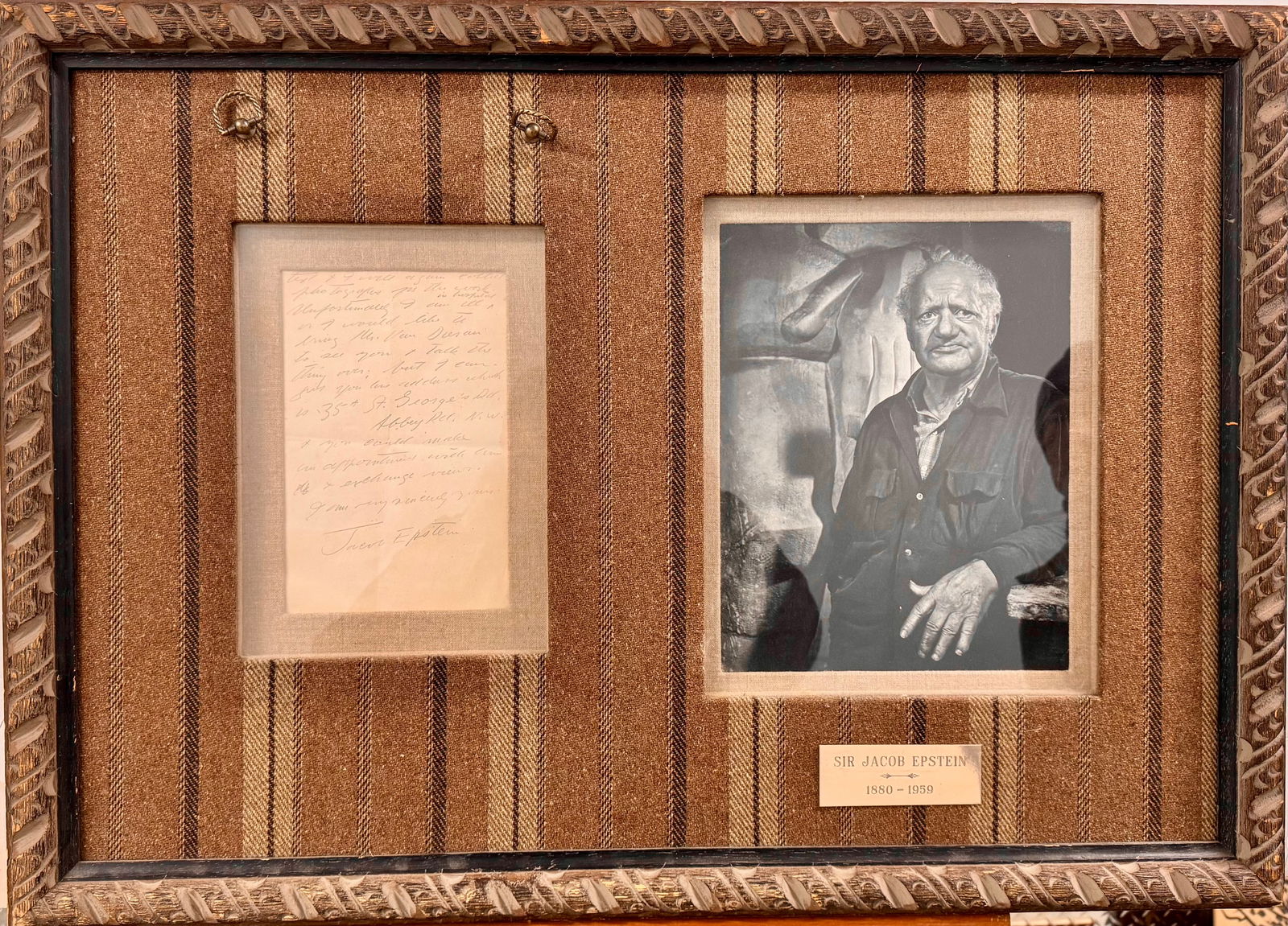 Original Photograph and signed letter by the British Sculptor Jacob Epstein: Original Photograph and signed letter by the British Sculptor Jacob Epstein 22 x 32” Overall.Sir Jacob Epstein KBE (10 November 1880 – 21 August 1959) was an American and British sculptor who