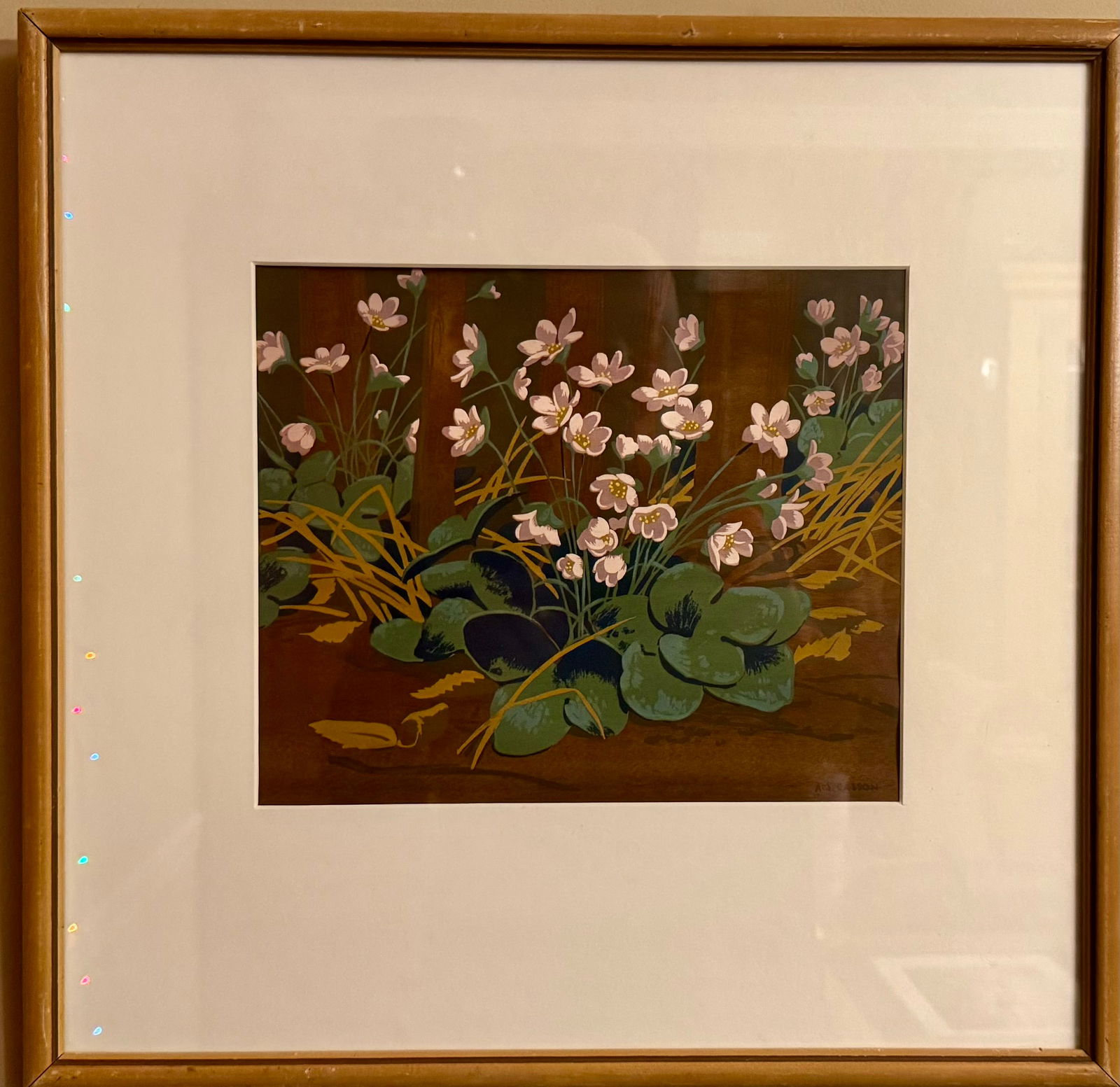 Vintage Canadian Group of Seven Artist Alfred Joseph Casson Silkscreen signed: Vintage Canadian Group of Seven Artist Alfred Joseph Casson Silkscreen signed, colored silkscreen on veneer, entitled "Hepatica Hepatic", 9 x 11”, 18 x 19” overall, it has a label on the b