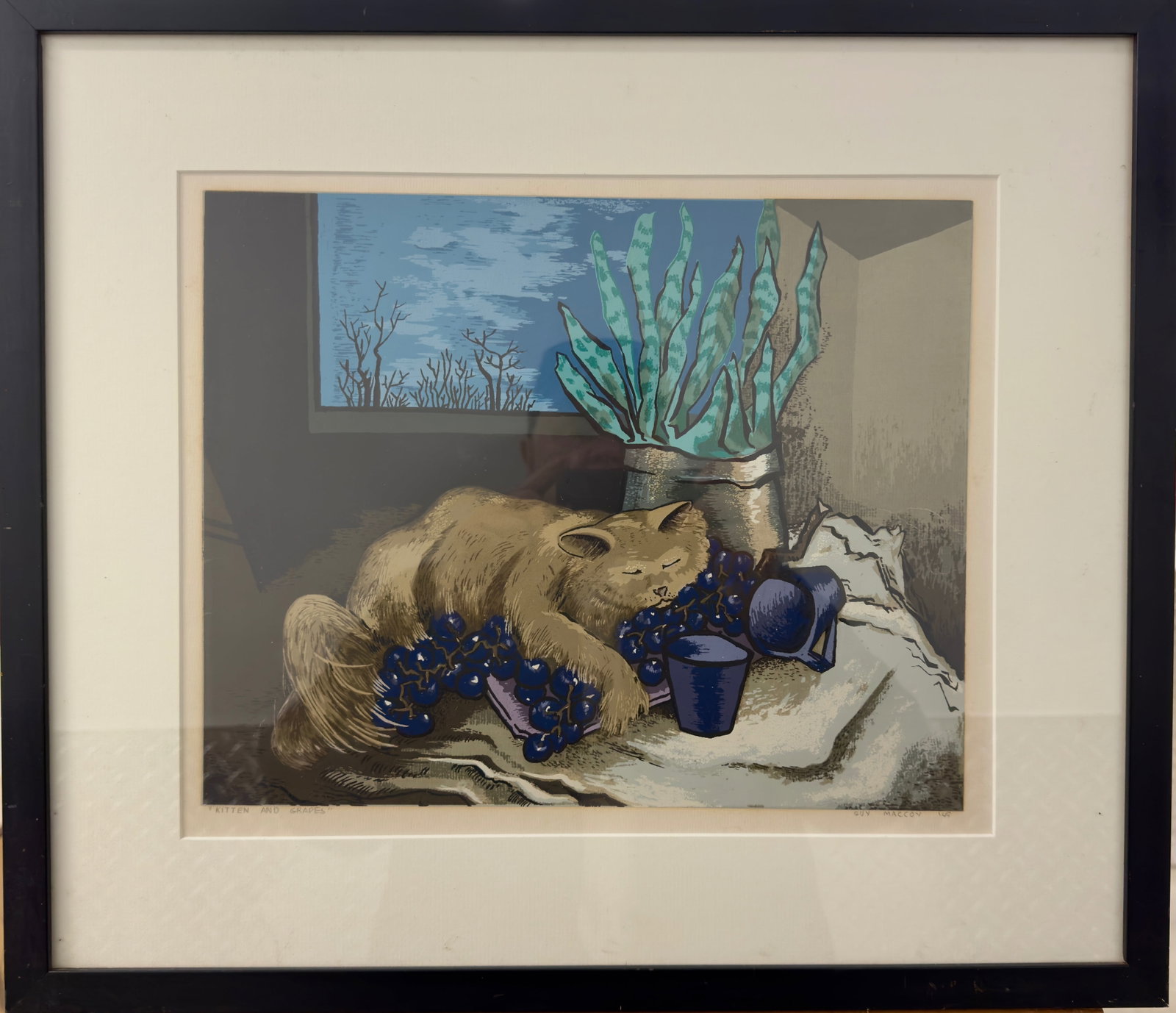Vintage American California WPA Artist Guy McCoy Serigraph Signed: Vintage American WPA Artist Guy McCoy Serigraph Signed, 1940, entitled "Kitten with Grapes", 12 x 15”, 18 x 21” overall. Guy Crittington McKay was born in Rock Creek, KS in 1904 to Cliffor