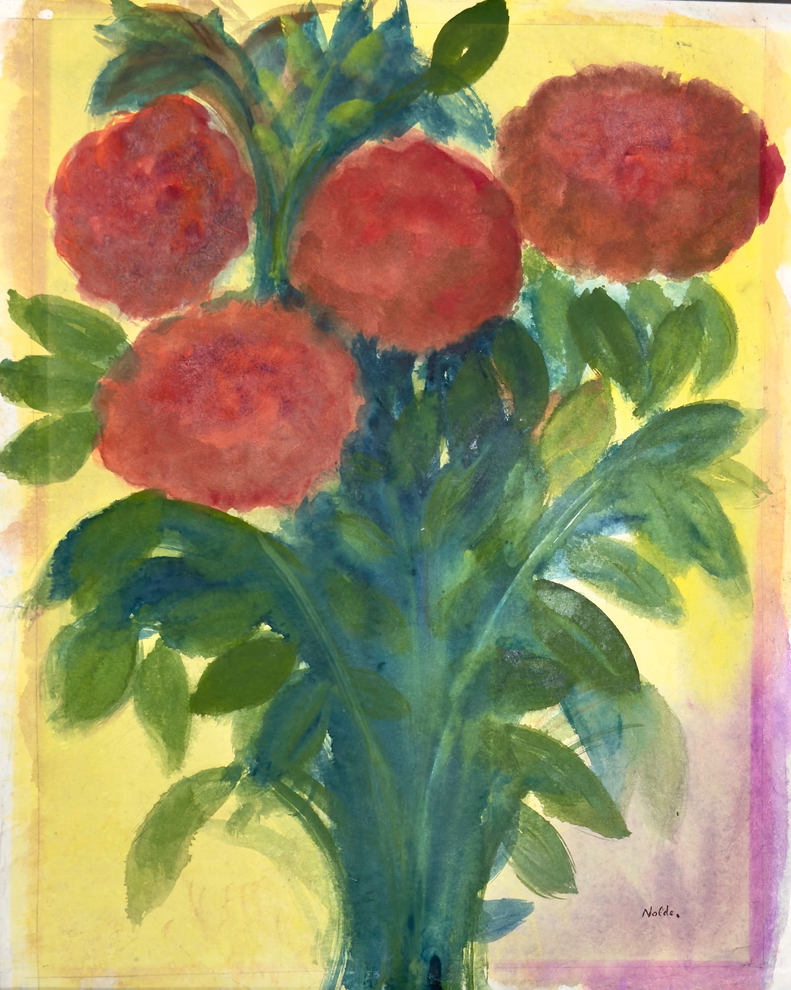Vintage Still-Life Watercolor Signed Nolde on Japanese Paper: Vintage Still-Life Watercolor signed Nolde, attributed to Emil Nolde, SLR, 27 x 21" , on Japanese hand made paper Emil Nolde (born Hans Emil Hansen; 7 August 1867 – 13 April 1956) was a German-Danis