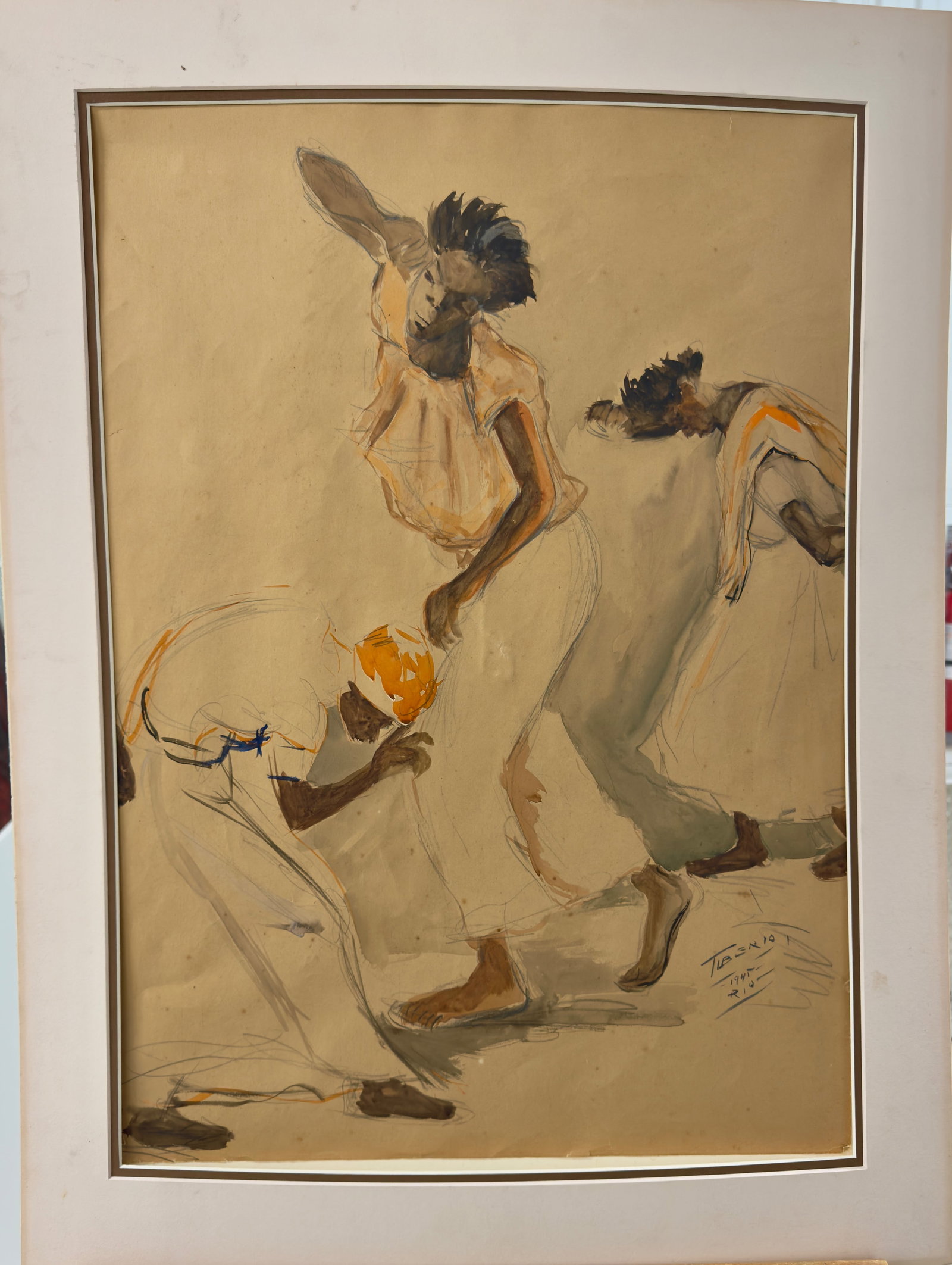 Vintage Afro-Brazilian Artist Wilson Tiberio watercolor dancers signed 1945: Vintage Afro-Brazilian Artist Wilson Tiberio watercolor dancers signed 1945, people from Rio, 24 x 18, 30 x 22” Mat The afro-Brazilian painter Wilson Tiberio was born on November 24th, 1920 at P