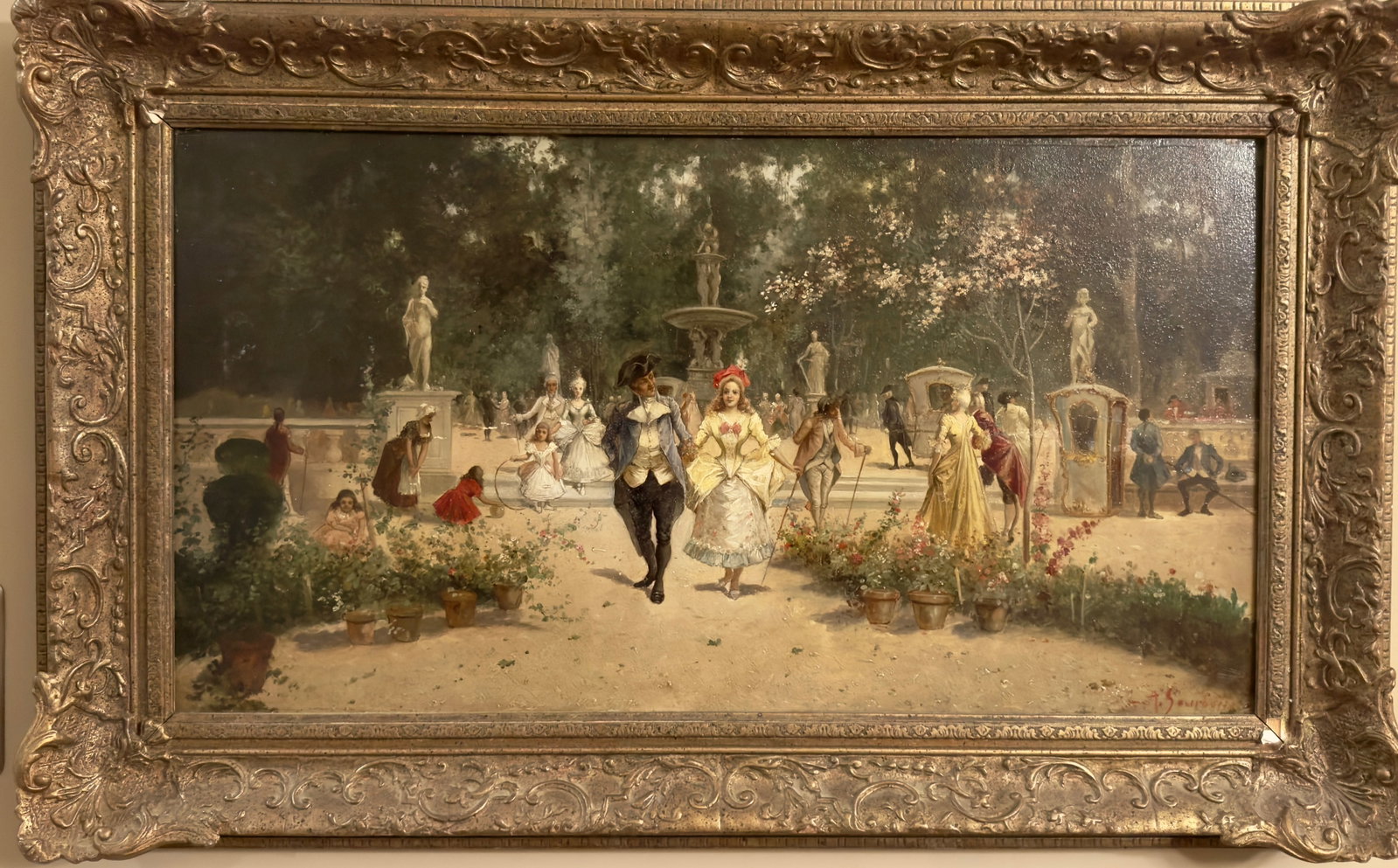Antique 19th Century French Impressionist Oil Painting Signed Courting Scene: Antique 19th Century French Impressionist Oil Painting Signed Courting Scene, entitled "A Day in the Buen Retira", 14 x 27”, 21 x 33".