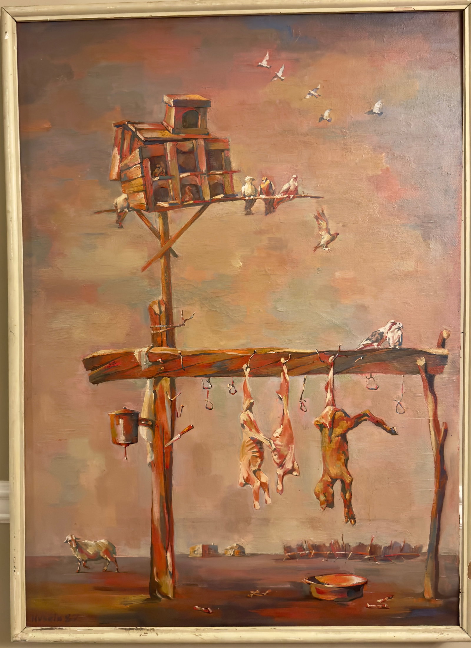 Vintage Ashgabat Oil Painting Guseyn Guseynov Signed: Vintage Ashgabat Oil Painting Guseyn Guseynov Signed, SLL, signed, titled and dated verso, dated 1951, entitled "Dove Coat on a Crossbar", Ashkabat City, 42 x 30”, 43” by 31”. Overal