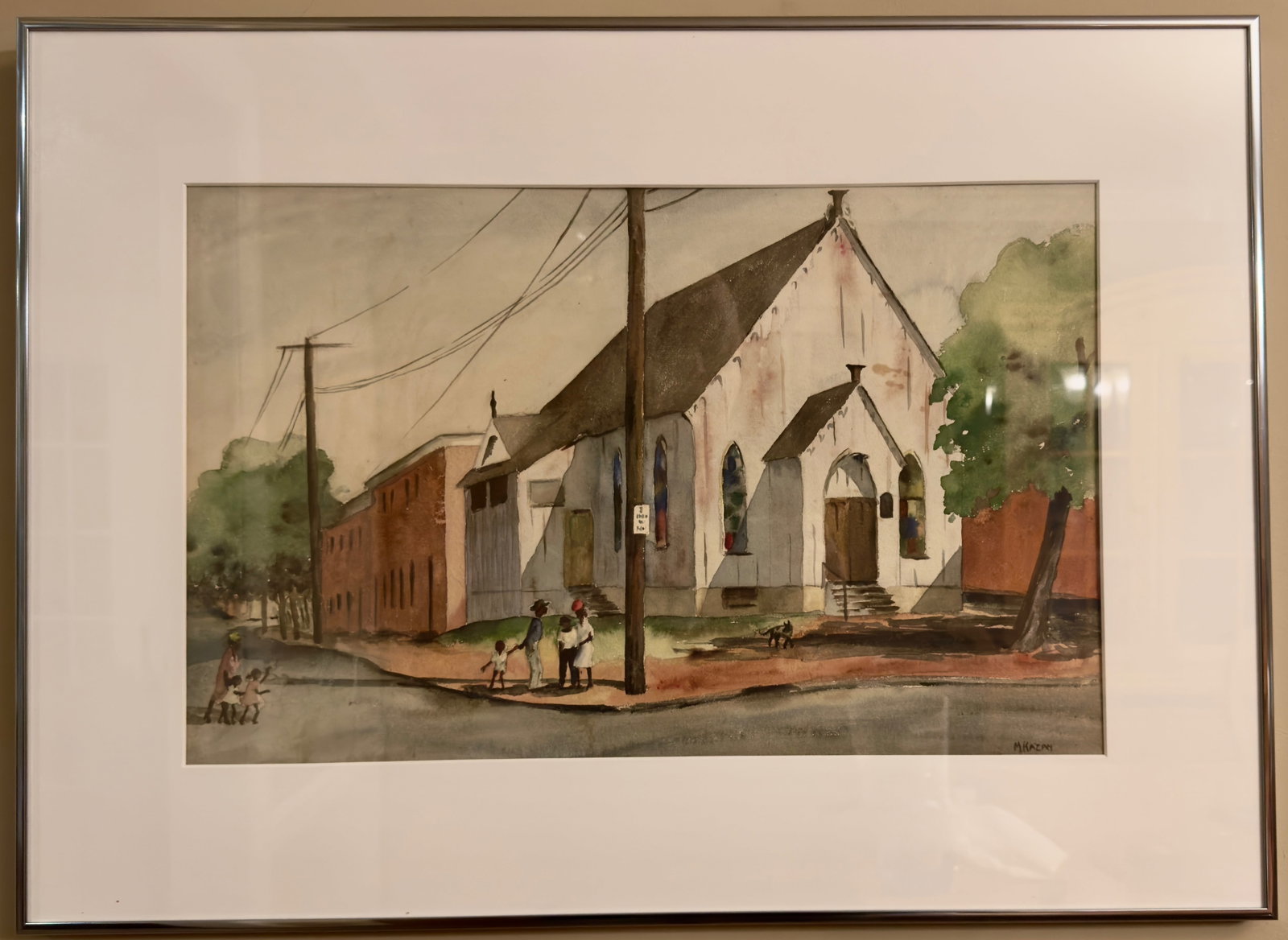 Vintage Social Realist WPA Wilmington Delaware Artist watercolor signed: Vintage Social Realist WPA Wilmington Delaware Artist watercolor, SLR , Margaret Kazan, church in Wilmington with some African American families going to church, circa 1930-40's,14 x 20", 13 x 20, 20 