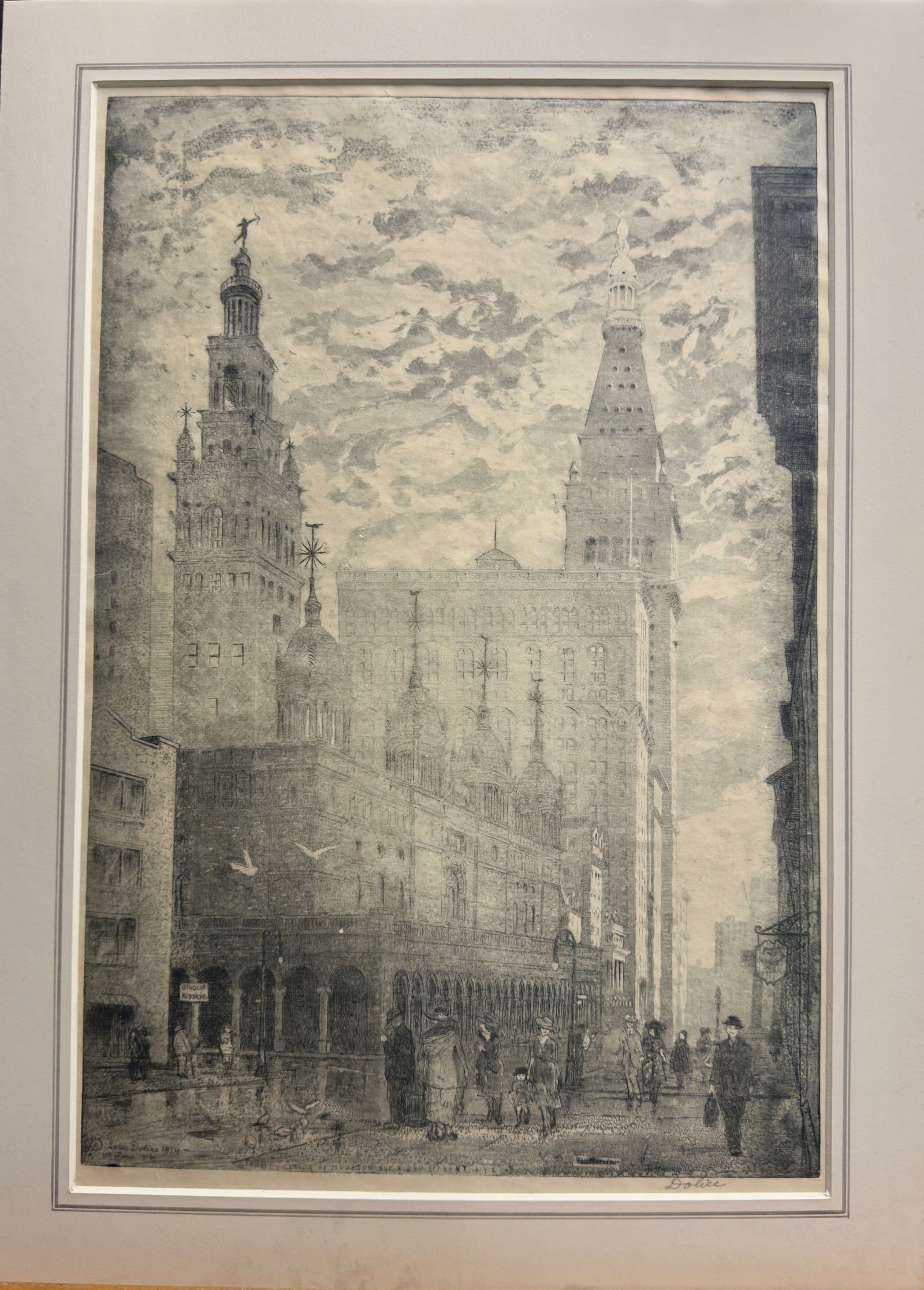 Vintage American New York City Scene Etching Leon Dolice SIgned: Vintage American New York City Scene Etching Leon Dolice SIgned, Pencil Signed Lower Right, 1924, 18 x 12", 21 x 15" Mat.Born in Vienna, printmaker Leon Dolice studied art in Europe and emigrated to N
