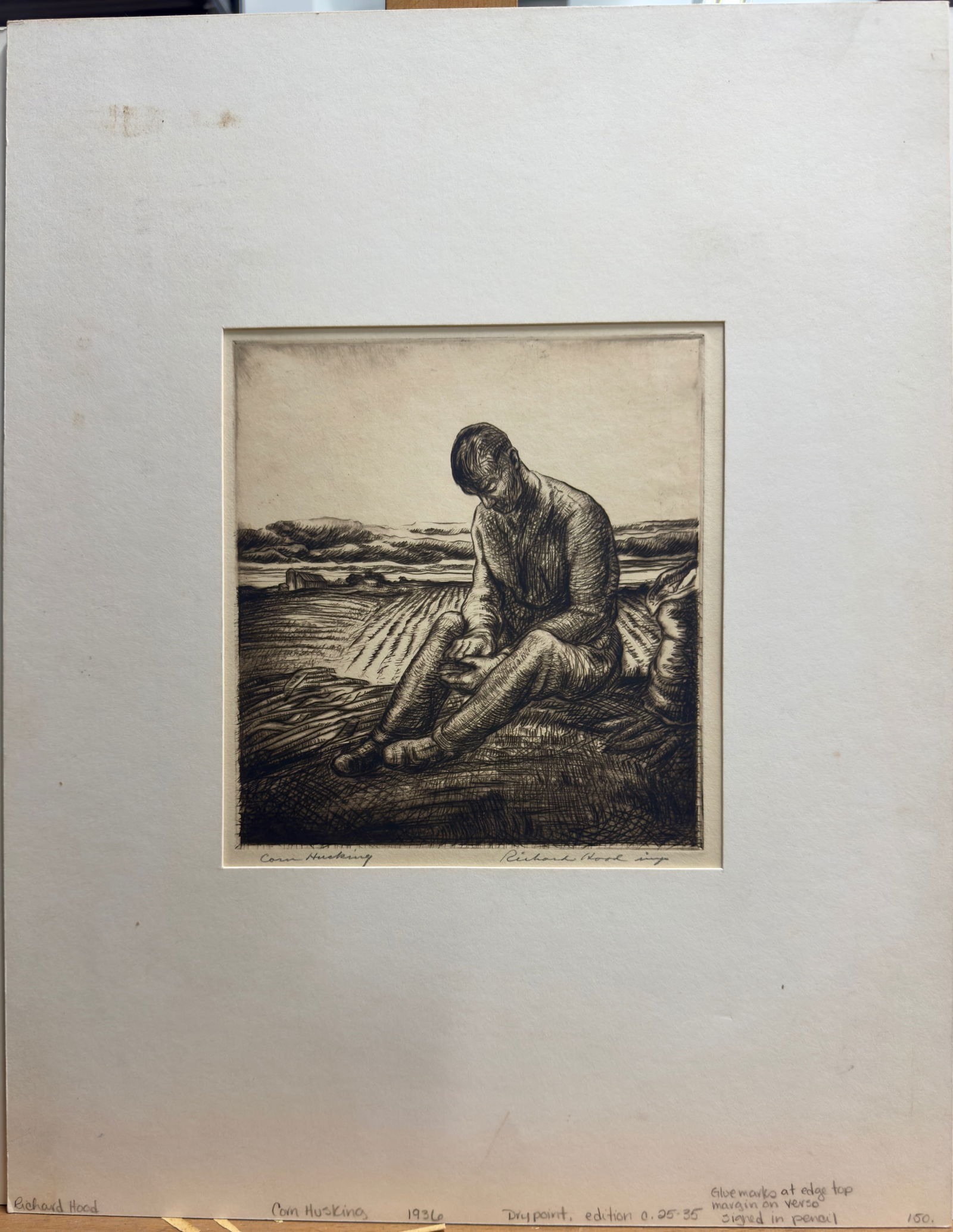 Vintage American Philadelphia Pennsylvania WPA Artist Etching Signed Richard Hood: Vintage American Philadelphia Pennsylvania WPA Artist Etching Signed Richard Hood, Pencil Signed Lower Right, Entitled "Corn Husking" 1936, ed. 25-35, 8 x 7", 18 x 14" Mat.Arts administrator, art inst