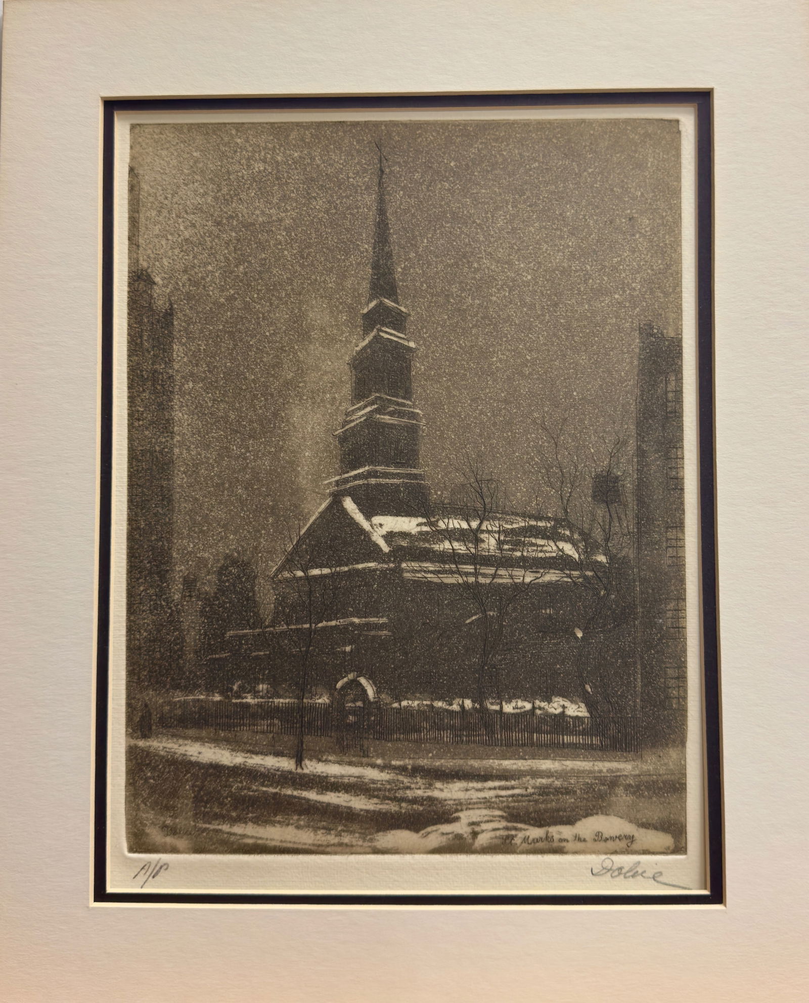 Vintage American New York Artist etching signed Leon Dolice: Vintage American New York Artist etching Pencil signed Leon Dolice, Entitled "St. Marks in the Bowery", 10 x 8", 13 x 11" MatBorn in Vienna, printmaker Leon Dolice studied art in Europe and emigrated