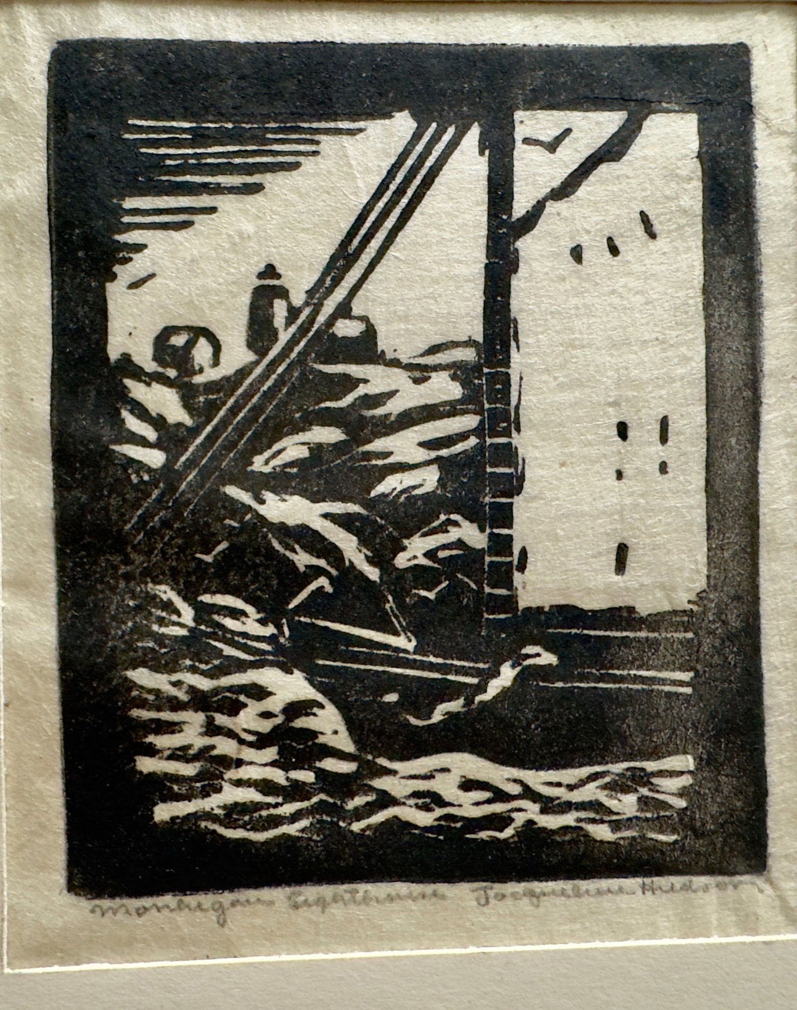 Vintage American Artist Monhegan Island Lighthouse Woodcut Signed Jacqueline Hudson: Vintage American Artist Monhegan Island Lighthouse Woodcut Signed Jacqueline Hudson, 4 x 3", 10 x 9" Mat. Jacqueline Hudson, a landscape painter and printmaker, was a daughter of prominent painter Eri