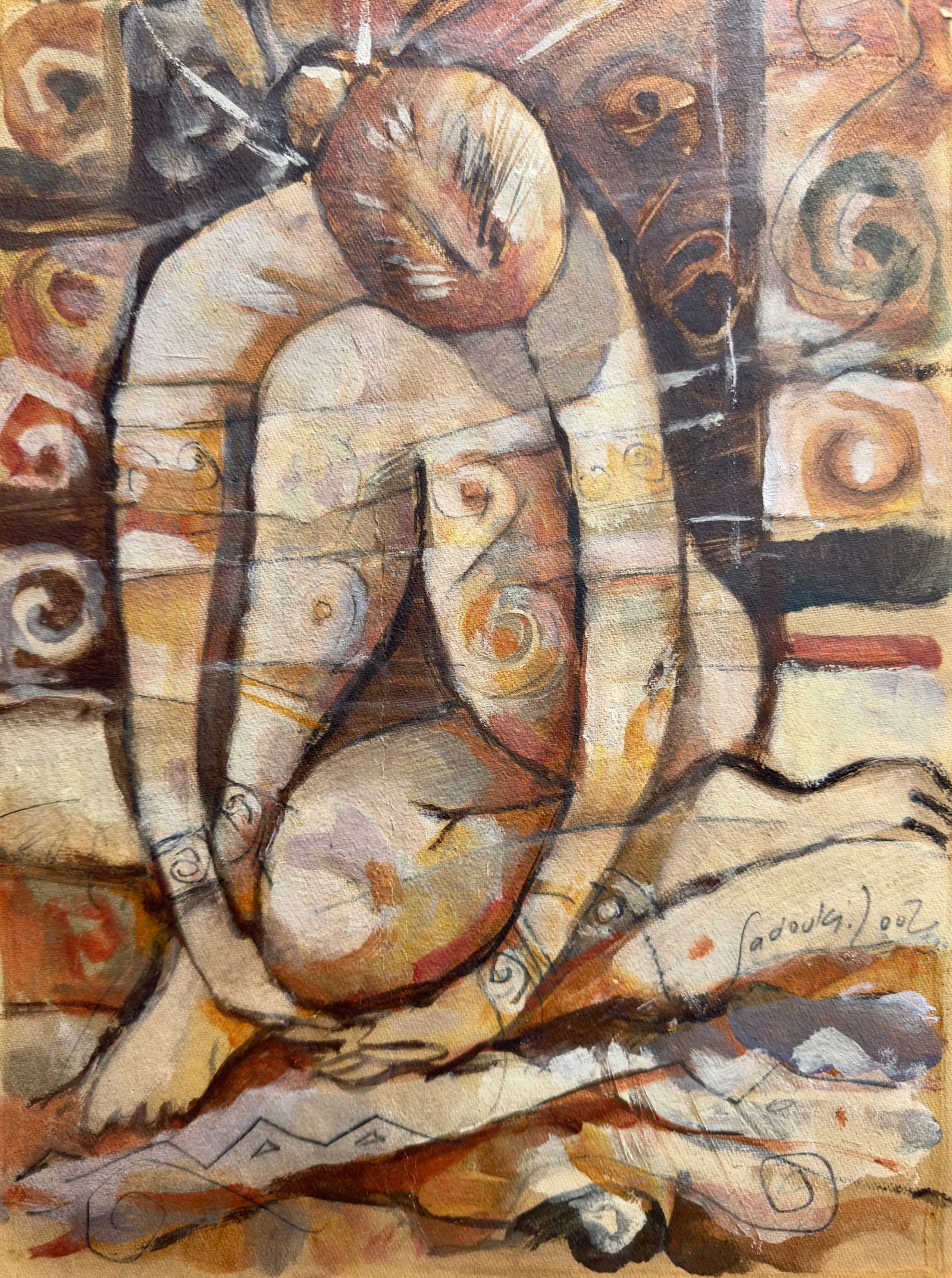 Vintage Moroccan Modern Artist Original Signed Abdellah Sadouk: Vintage Moroccan Modern Artist Original Gouache and Watercolor Signed Abdellah Sadouk, SLR, dated 2002, 16 x 12" sheetAbdallah Sadouk was born in 1950 in Casablanca1. After graduating from the Nationa