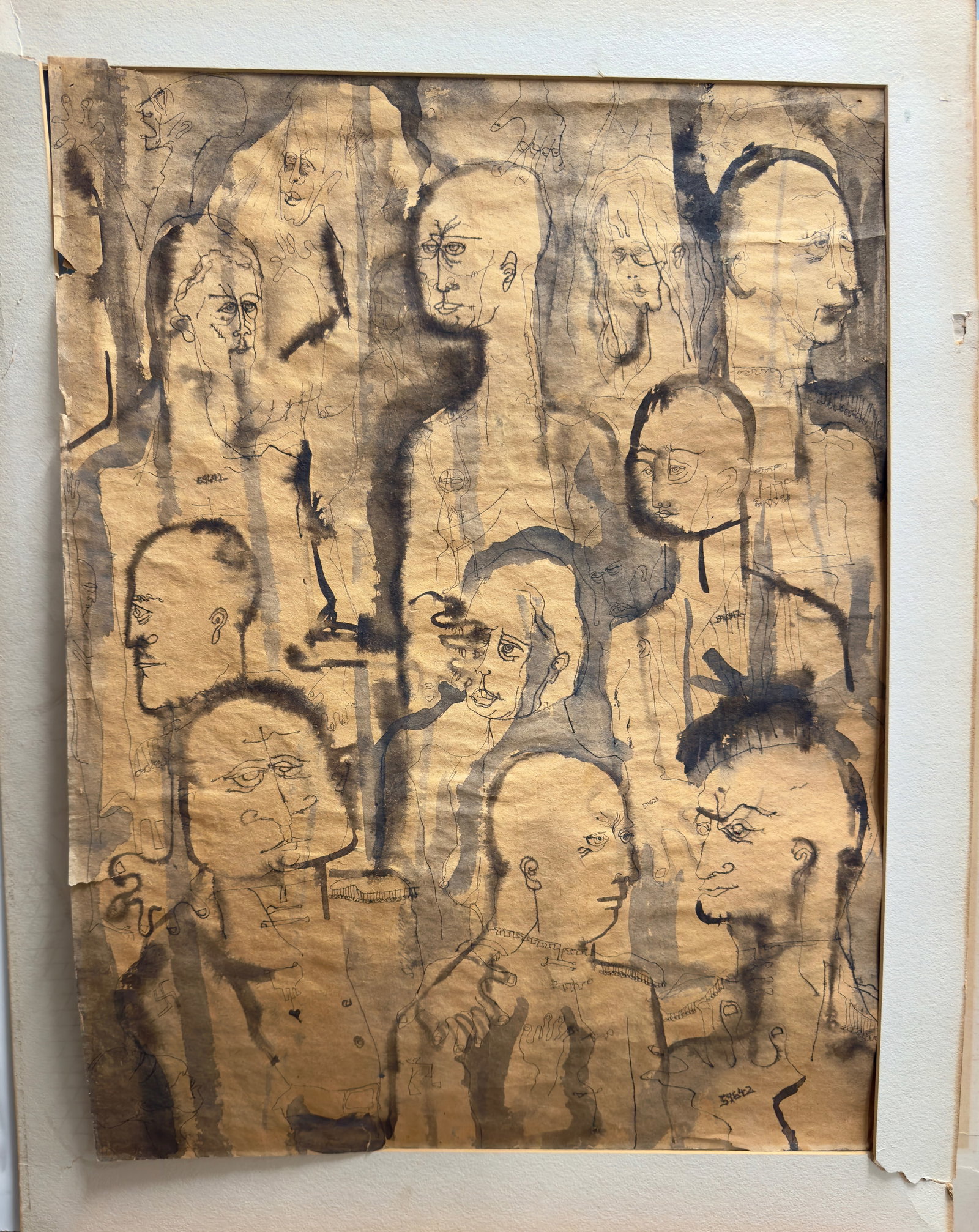Rare Wartime Holocaust drawing watercolor of German Soldiers with Prisoners: Rare Wartime Holocaust drawing watercolor of German Soldiers with Prisoners, hand made paper, 23 x 17"