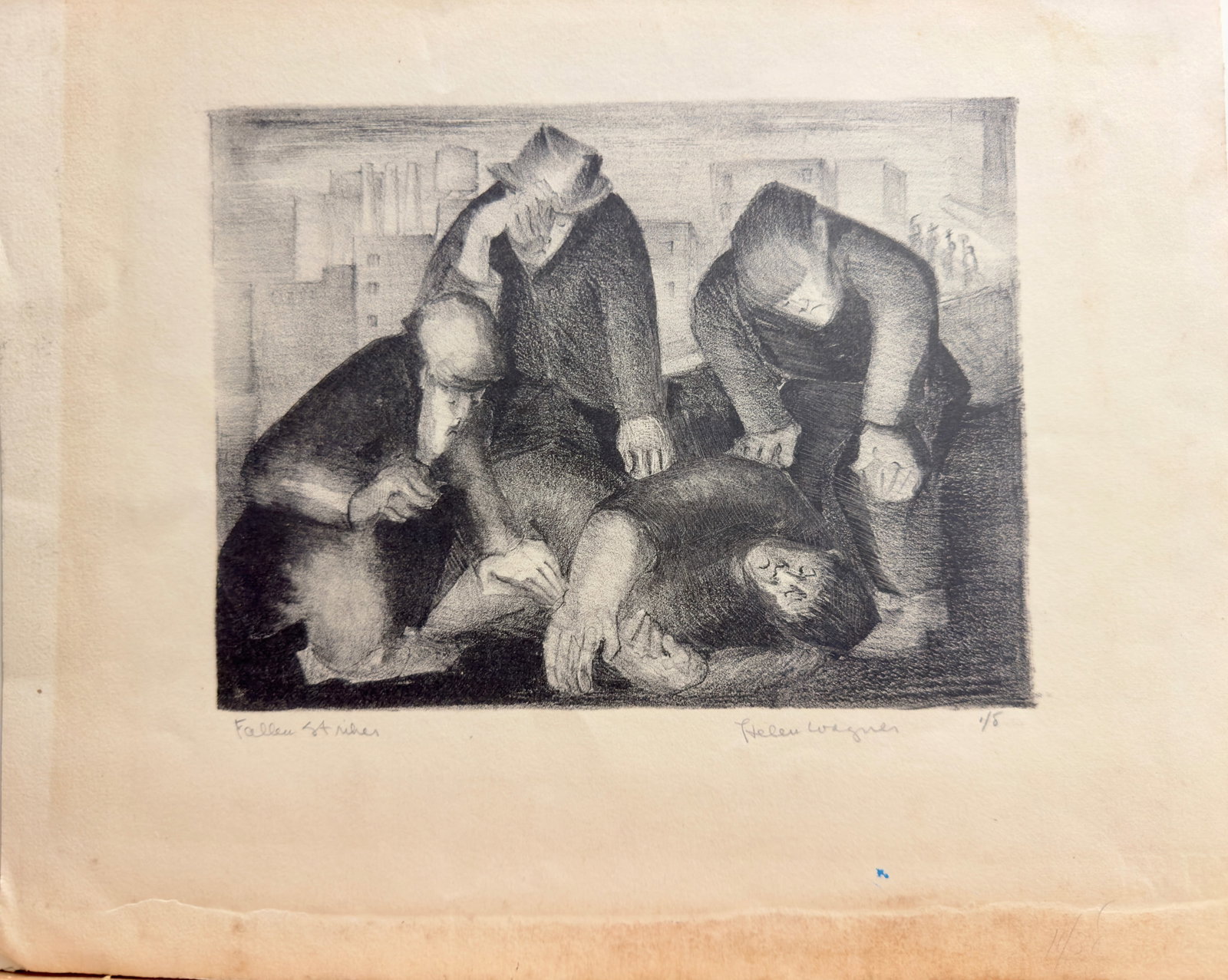 Vintage American New York WPA Artist Helen Wagner Malta Lithograph Signed #1: Vintage American New York WPA Artist Helen Wagner Malta Lithograph Pencil Signed #1, entitled "Fallen Striker", 1/5, 10 x 13" Sheet Her Earliest prints were signed Helen Wagner. Helen Wagner Malta is 