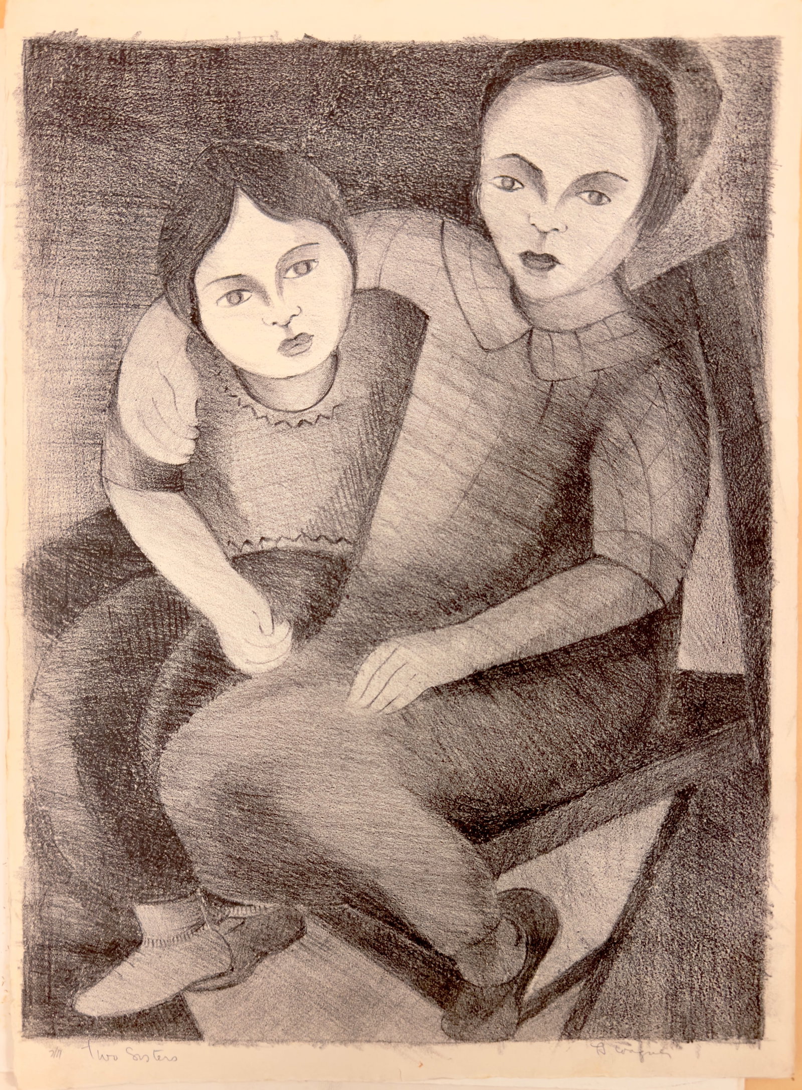 Vintage American New York WPA Artist Helen Wagner Malta Lithograph Signed #4: Vintage American New York WPA Artist Helen Wagner Malta Lithograph pencil Signed #4, entitled "Two Sisters", 7/11, 16 x 11" Sheet.