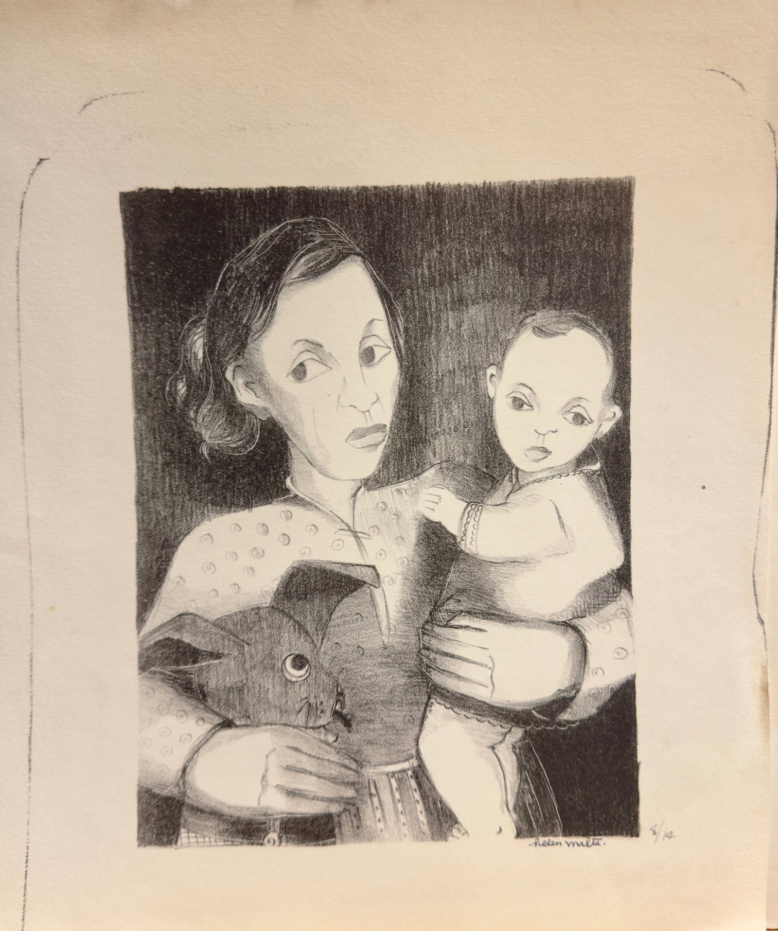 Vintage American New York WPA Artist Helen Wagner Malta Lithograph Signed #5: Vintage American New York WPA Artist Helen Wagner Malta Lithograph Ink Signed #5, 8/14, 12 x 10" Sheet.