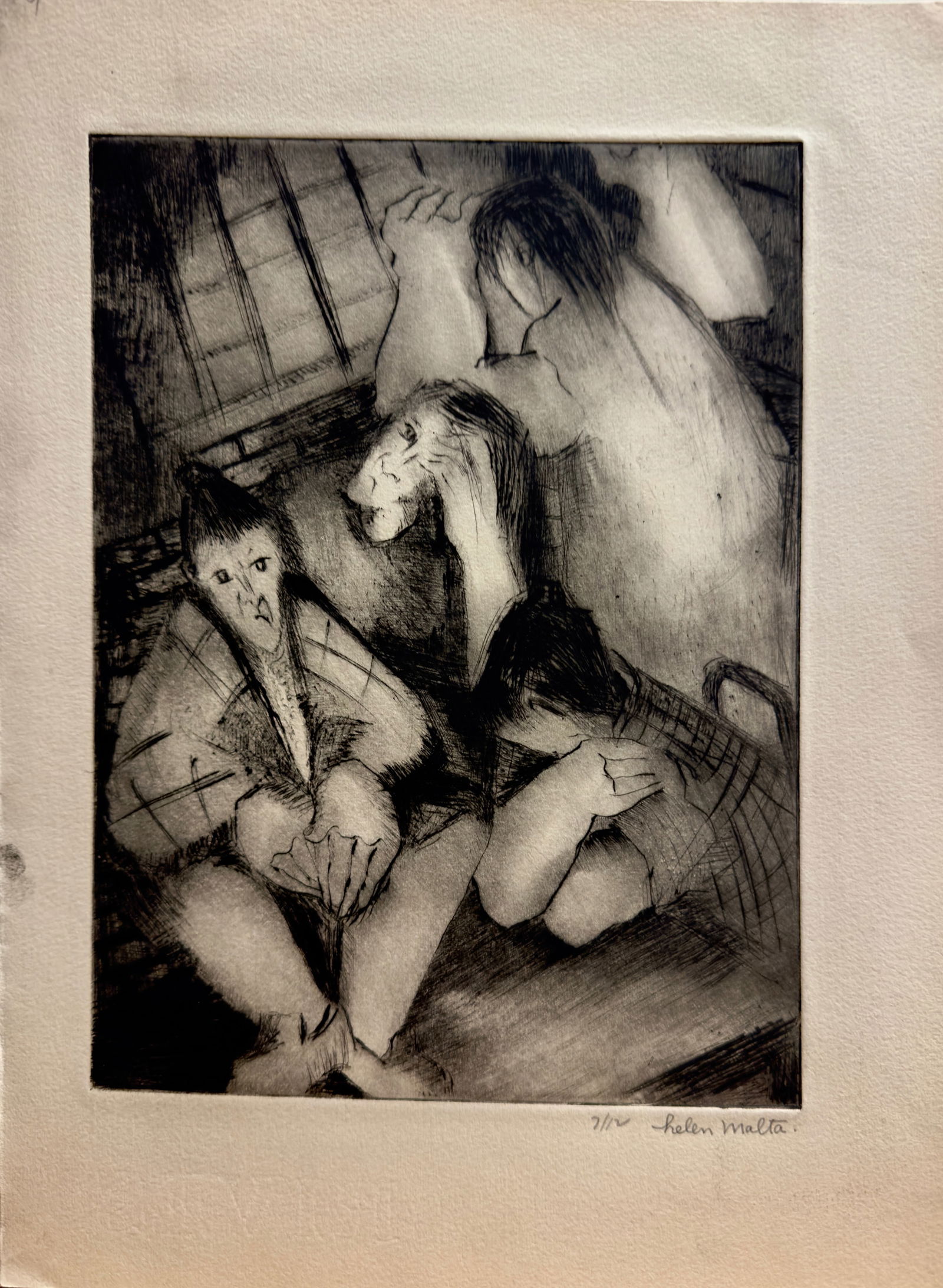 Vintage American New York WPA Artist Helen Wagner Malta Etching Signed #1: Vintage American New York WPA Artist Helen Wagner Malta Etching pencil Signed #1, 7/12, 11 x 8" Sheet. Her Earliest prints were signed Helen Wagner.Helen Wagner Malta is a american female artist born
