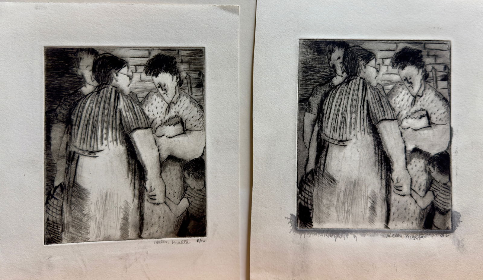 (2) Pair Vintage American New York WPA Artist Helen Wagner Malta Etchings Signed #2: (2) Pair Vintage American New York WPA Artist Helen Wagner Malta Etchings Pencil Signed #2, 1/12 and 4/12, 8 x 6" Sheet